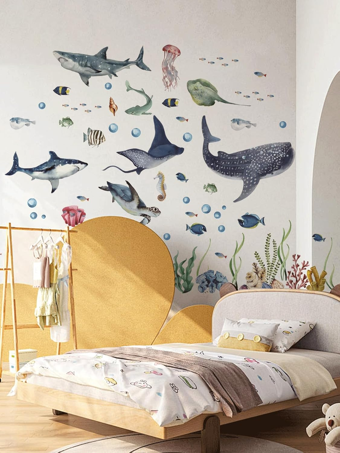 Large Watercolor Sharks Wall Decals Ocean Animal Peel and Stick Wall Sticker under the Sea Marine Life Theme Decals Room Home Decor Party Supply (30 * 90Cm, 4Pcs)