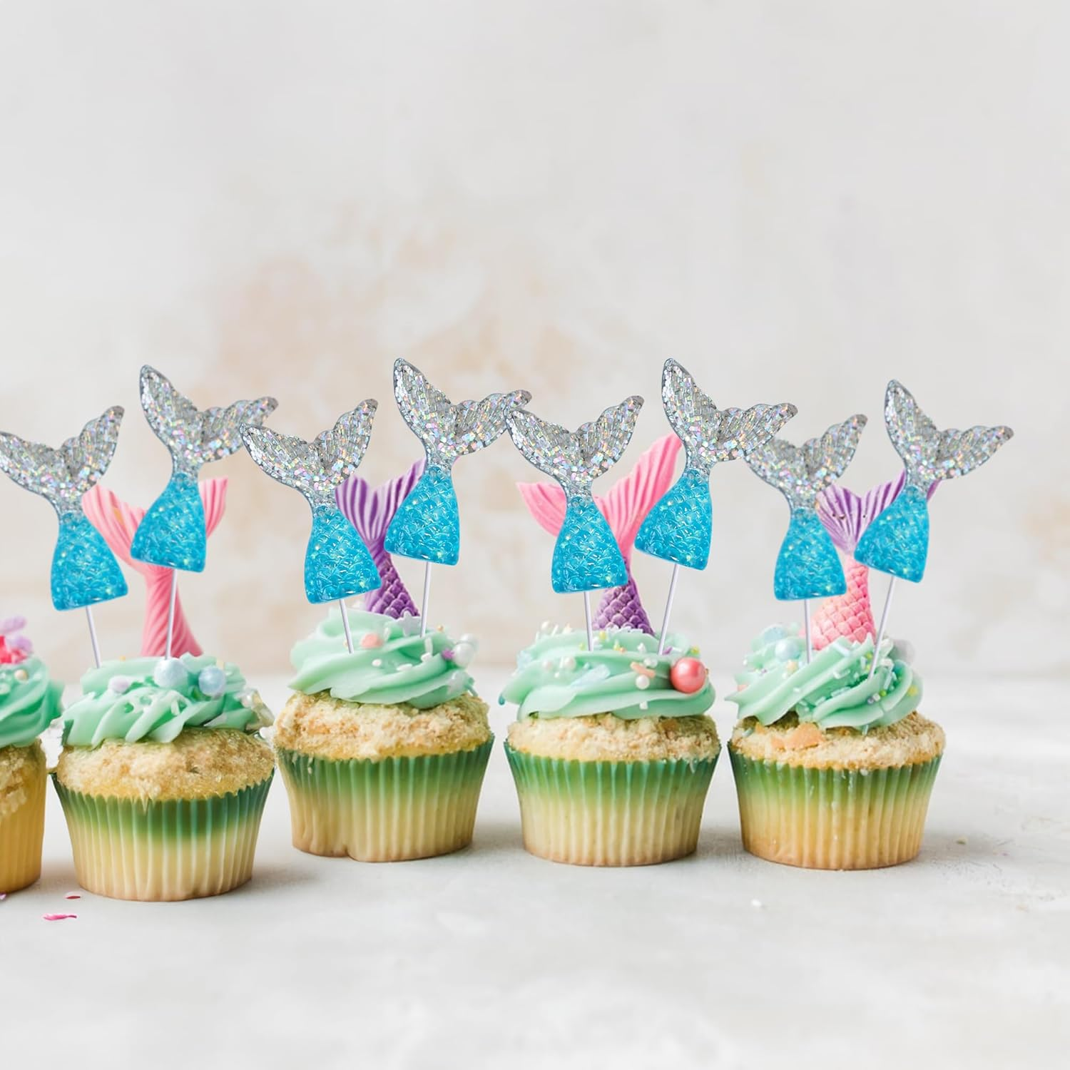 Ephlyn 24Pcs Acrylic Mermaid Tails Cupcake Toppers Mini Wrappers Mermaid Tail Figurines Cake Decorations for Mermaid Party Birthday Party Baby Shower Party Supplies Favors Blue Silver image number 5