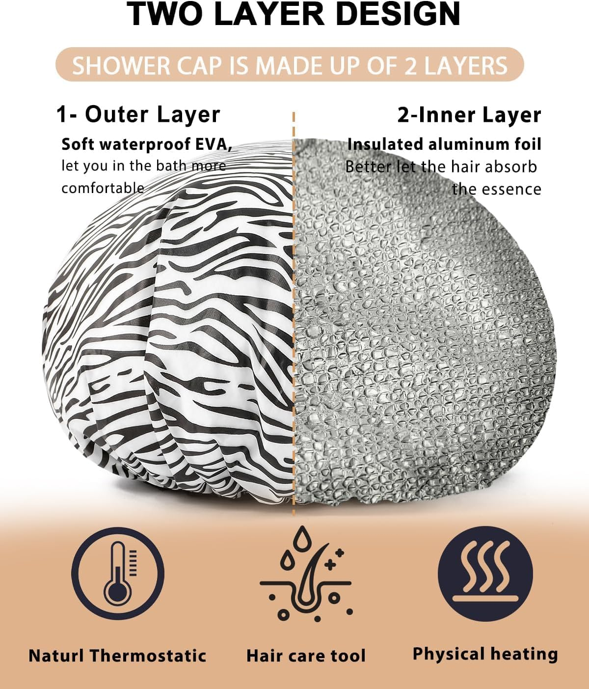 2 Pieces Shower Cap Heat Cap for Deep Conditioning, Conditioning Cap Made of Aluminum Foil for Home and Salon Use, Hair Dyeing and Hot Oil Treatment Tools (Black White Stripes) image number 2