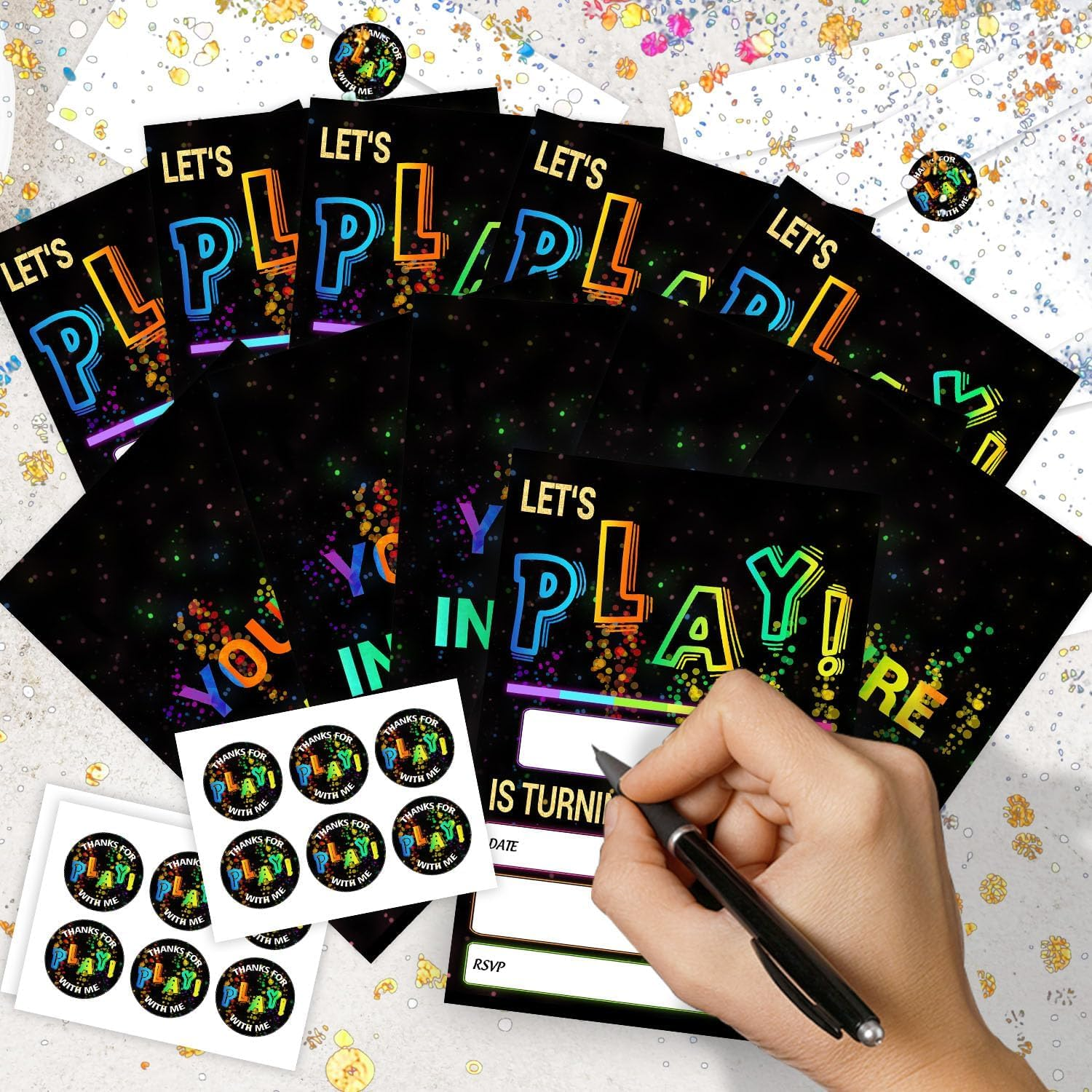 20 Pcak Glow Birthday Invitations Let'S Play Birthday Party Invitations, 4 X 6 Inch Glow Trampoline Play Party Invitation Cards, Double-Sided Party Invitation,20 Cards Envelopes Stickers image number 5