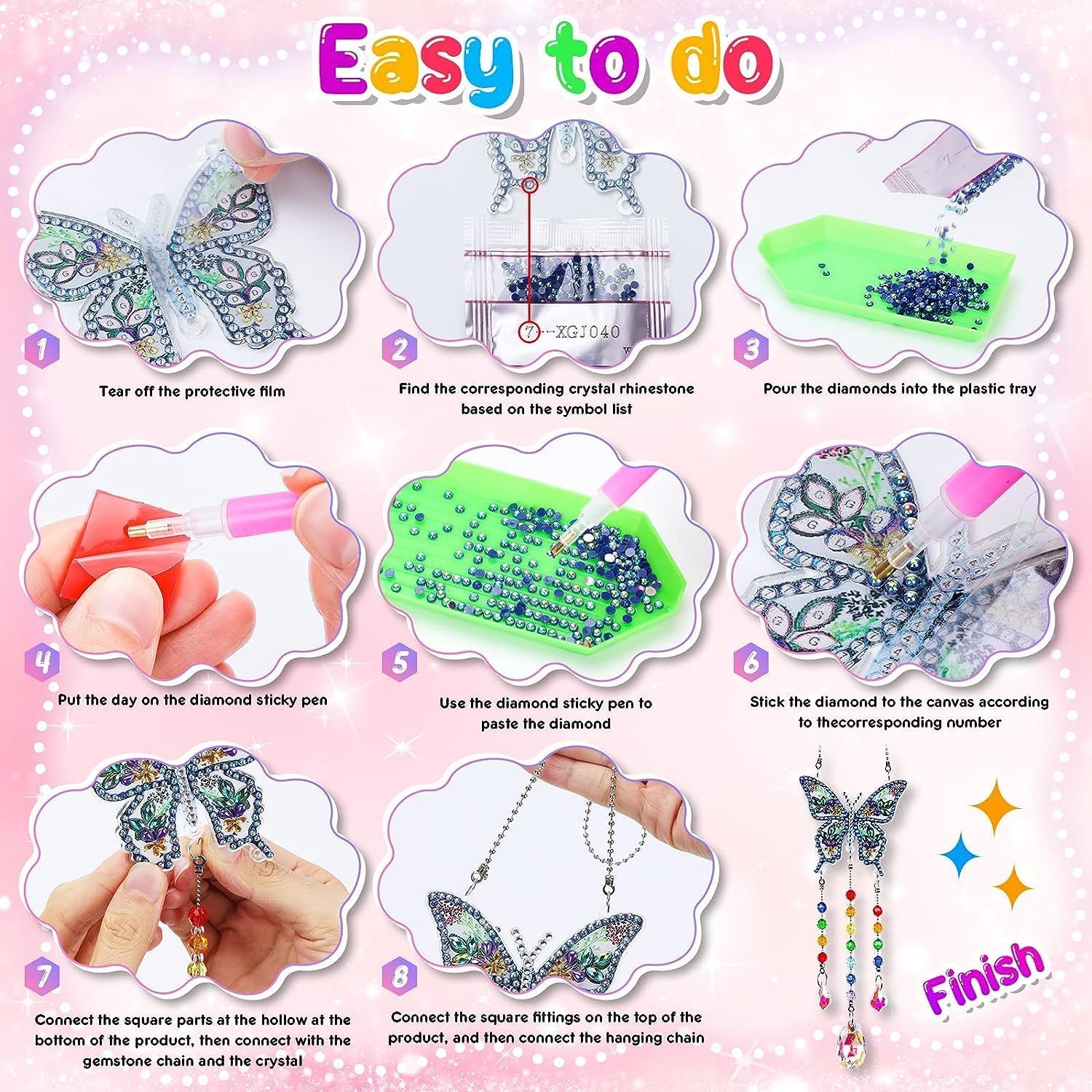 3 Pcs Diamonds Paintings Suncatcher,Double Sided Crystal Gem Painting Hanging Ornament,5D Diamonds Paintings Wind Chimes,Diamonds Art Kits Hanging Ornaments for Home Window Decor (Butterfly&Bird&Sun)