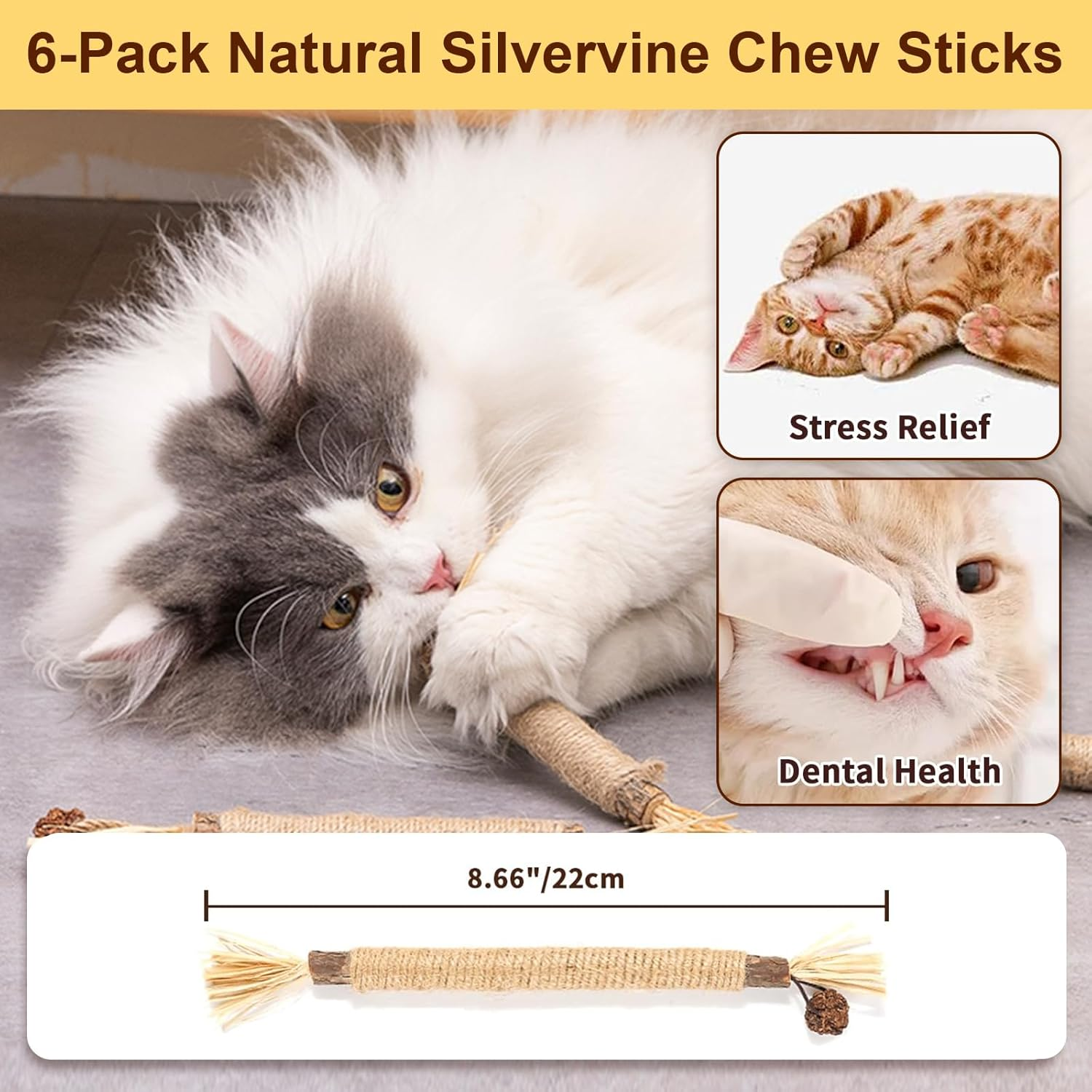 6 Pack Silvervine Cat Chew Toys, Natural Dental Sticks for Indoor Cats, Kittens Teeth Cleaning, Catnip Alternative, Interactive Play, Yellow image number 1