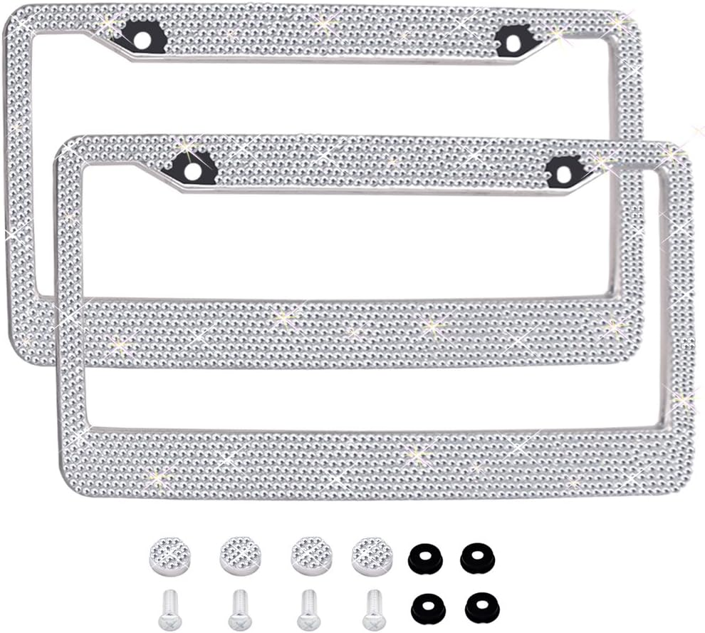 Bling Bling License Plate Frames 2 Pack - Pure Handmade Waterproof Glitter Rhinestones Crystal White License Plate Frame for Cars with 2 Holes Bonus Matching Screws Caps Set