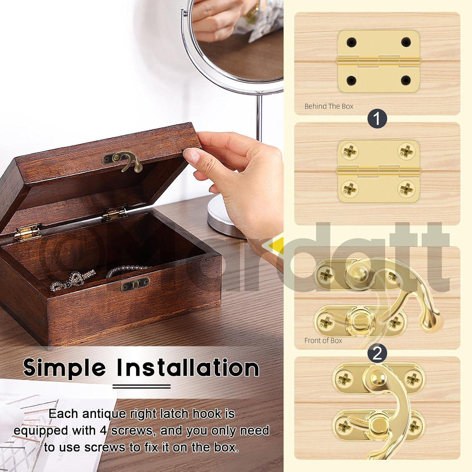 Mardatt 40Pcs Bronze Mini Box Hinges and 20 Sets Antique Right Latch Hook Hasp with 240Pcs Replacement Matching Screws Kit Jewelry Box Hasp Catch Swing Arm Latch for Decorative Cabinet Drawer image number 6