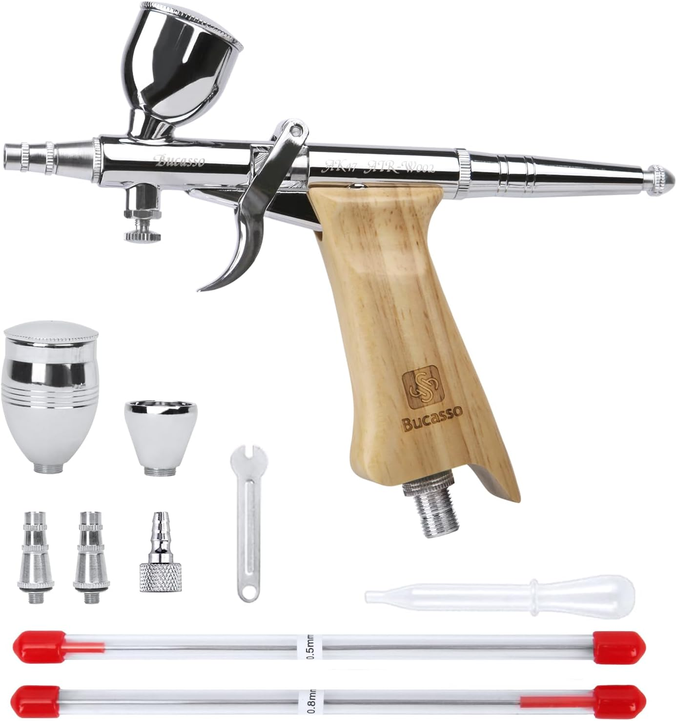 Bucasso Airbrush Guns for Painting, Double Action Trigger Airbrush Kit with 0.3Mm/0.5Mm/0.8Mm Needles/Nozzle Sets, Replaceable Fluid Cup, Airbrush Spray Set for Painting Nails Cake Tattoo (W002-W)