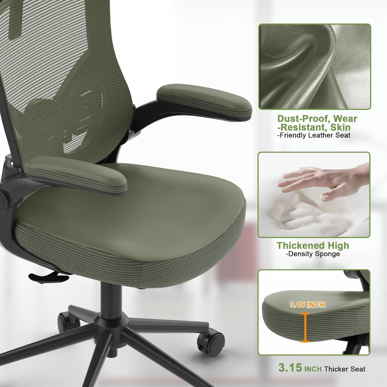 , Ergonomic Mesh Desk Chair, High Back Computer Chair- Adjustable Headrest with Flip-Up Arms, Lumbar Support, Swivel Executive Task Chair (Modern, Hunter Green)