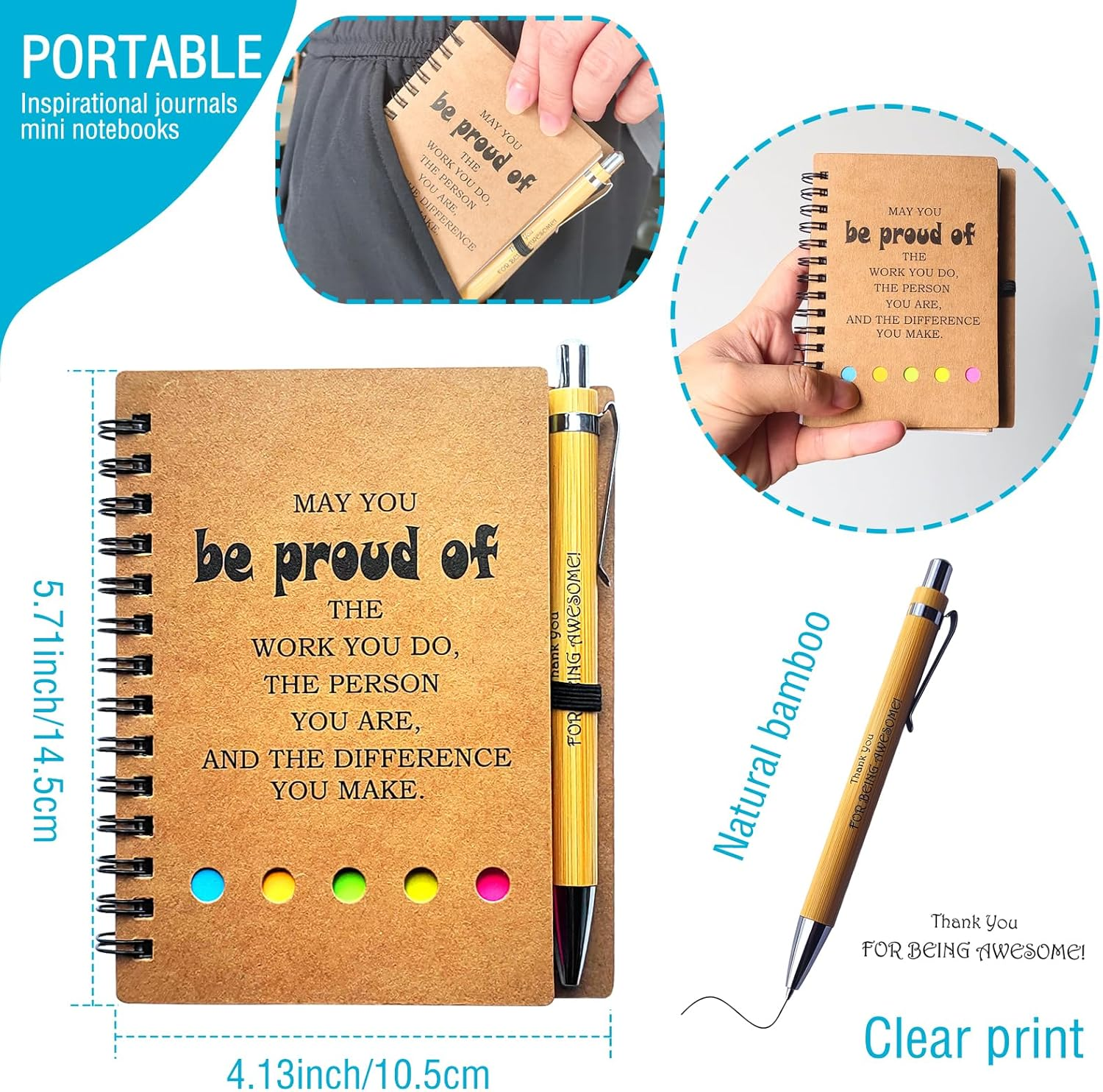 4 Sets Employee Appreciation Lnspirational Spiral Journal with Sticky Note Notepad Motivational Bamboo Ballpoint Pen Bulk for Nurse Teacher Student Coworker Thank You Present - Brown image number 2