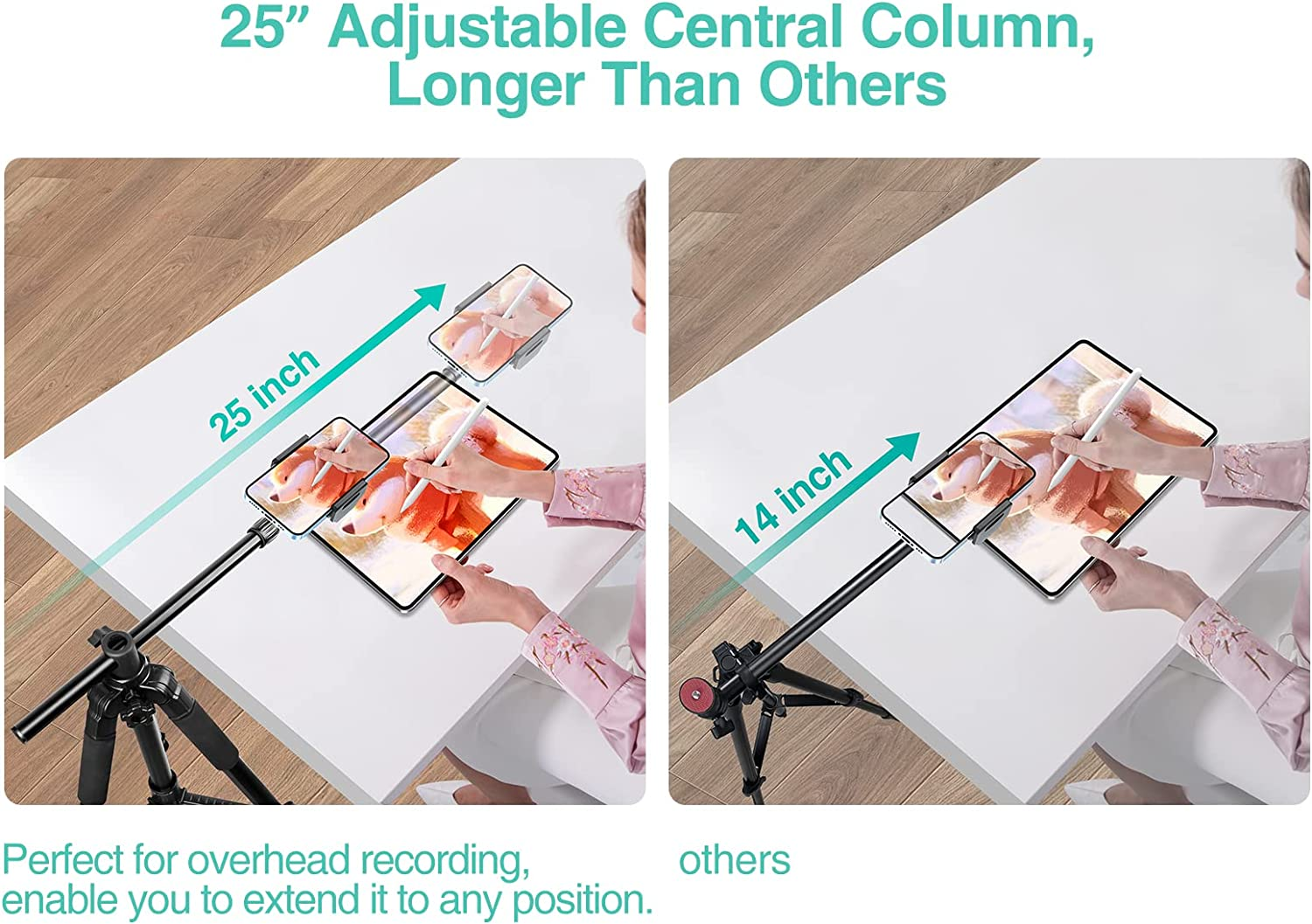 Iphone Tripod for Overhead Video Recording [Heavy Duty & Ultra-Stable], 25In Horizontal Long Extendable Boom, 360&deg; Rotation Iphone Tripod Stand with Remote, Vertical 71" Tall Phone Tripod image number 6