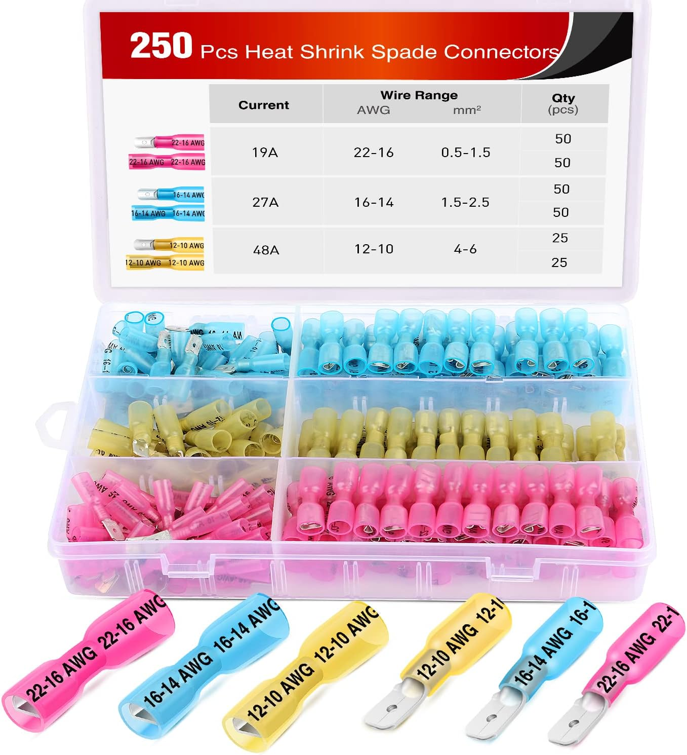 Nilight - 50027R 250 PCS Heat Shrink Spade Connectors Quick Disconnect Wire Connectors Electrical Spade Terminals Heat Shrink Fully Insulated Male and Female Wire Spade Connectors image number 3