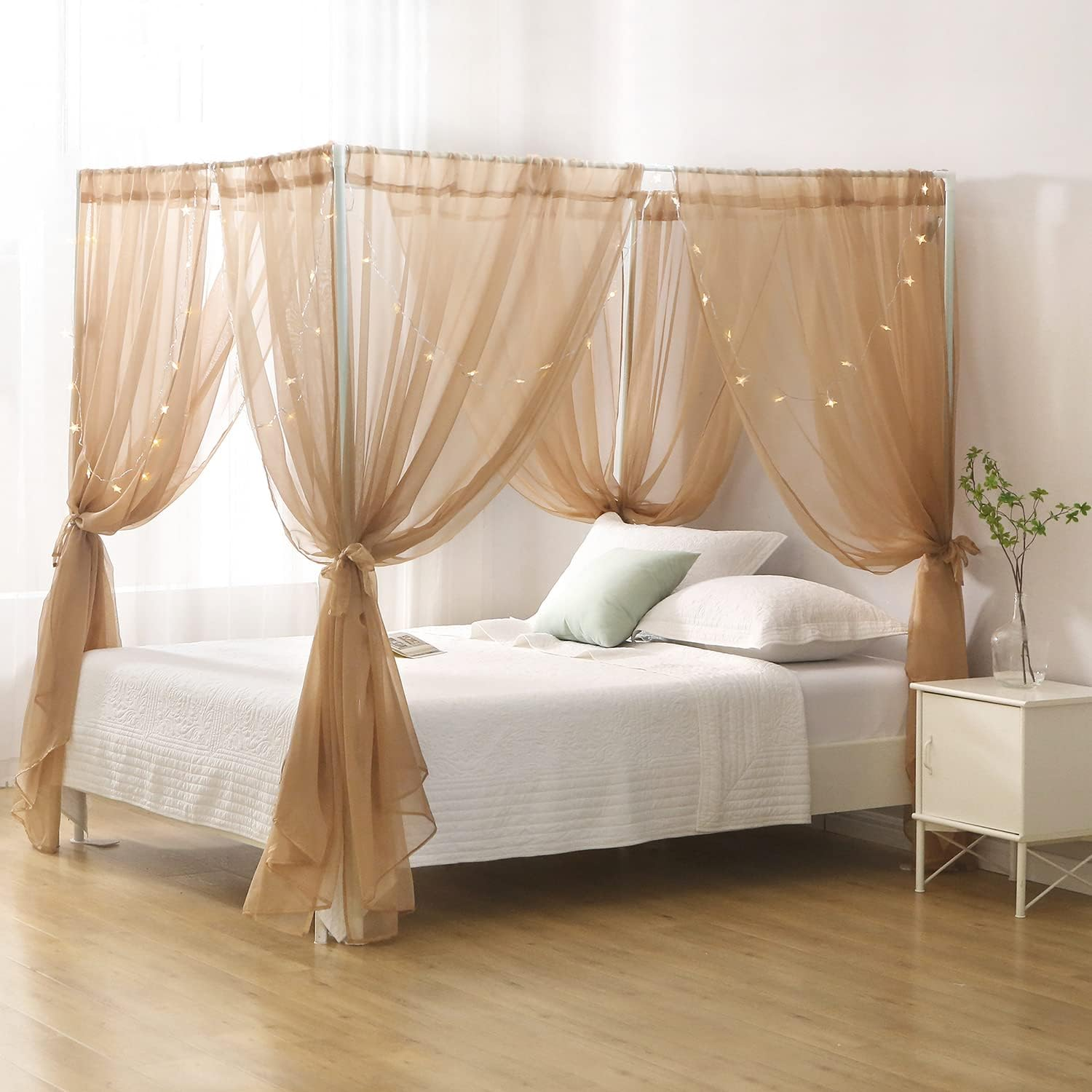 WANFASO Princess Chiffon Bed Canopy, Canopy Curtains for Queen Bed Adults, 4 Post Bed Drapes Room Decor(Light Coffee)