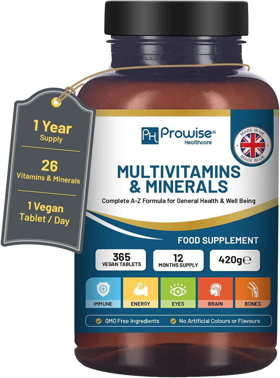 A-Z Multivitamins & Minerals I 365 Vegan Tablets (1 Year Supply) I 26 Essential Active Vitamins, Minerals & Micronutrients for Men and Women I Made in the UK by Prowise Healthcare