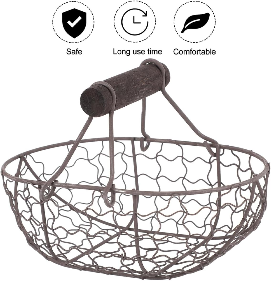 Ibasenice 2Pcs Vintage Iron Fruit Basket with Wooden Handles, Kitchen Storage Baskets for Vegetables, Eggs and Bread, Countertop Food Storage Organizer in Grey-Black image number 4