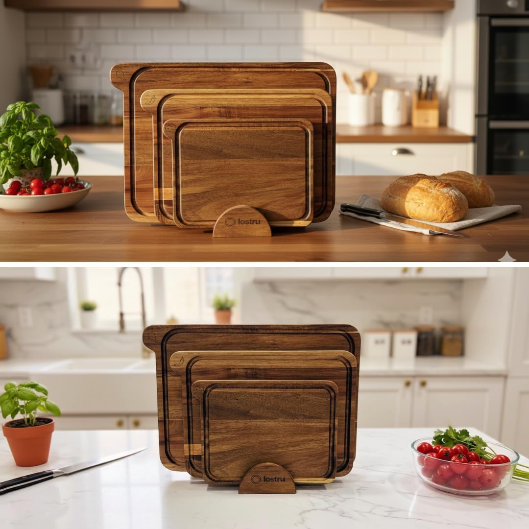LOSTRU 3-Piece Non-Toxic Acacia Wood Cutting Board Set with Stand - FSC Certified Wooden Chopping Boards - Engraved Food-Safe Icons, Deep Juice Grooves, Kitchen Space-Saving Organizer, Multi-Size image number 1