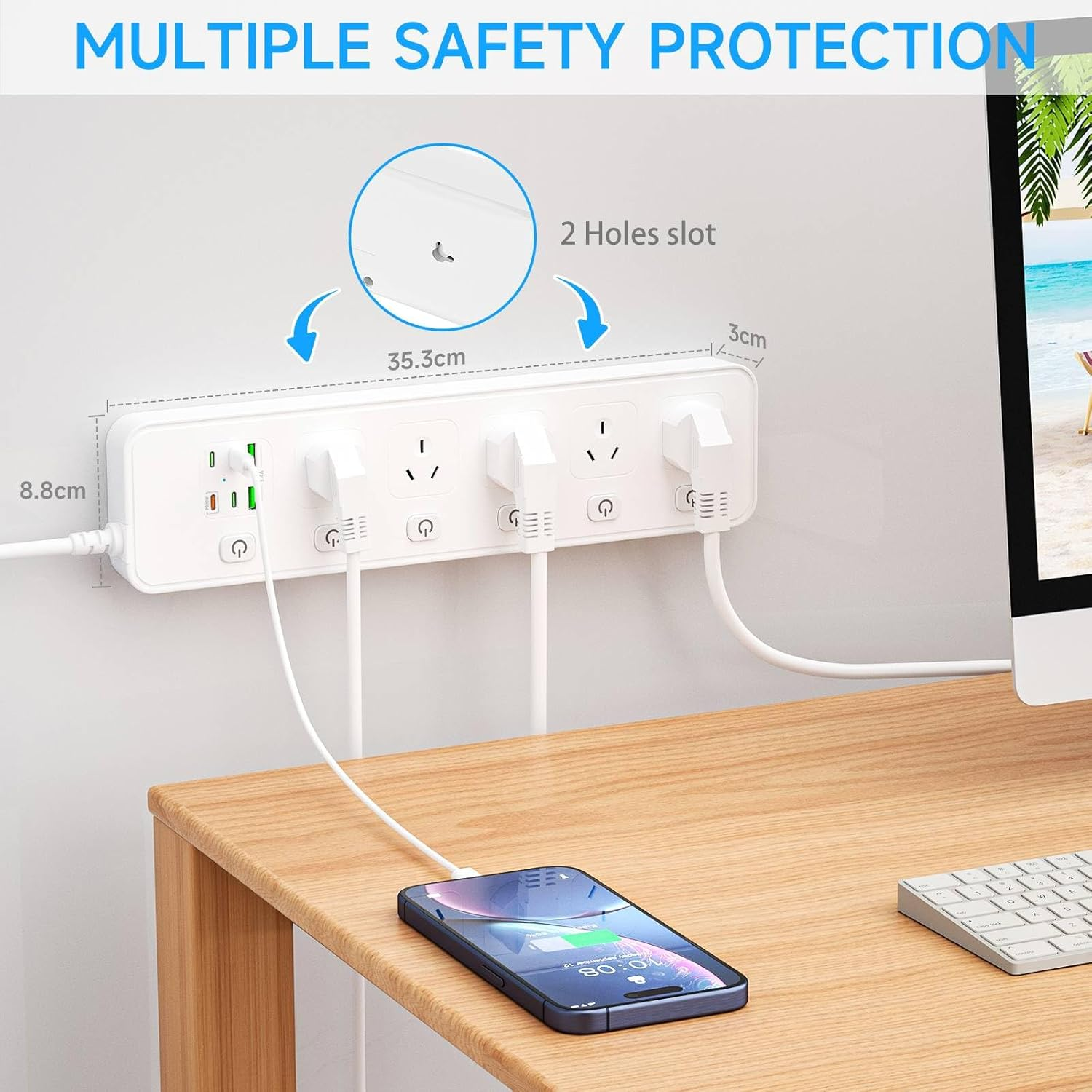 Power Board with Individual Switches, 1.8M Extension Lead, Power Strip 5 AC Outlets, 6 USB PD 30W Super Fast Charging USB C, Mountable, Desktop Charging Station for Home, Office, School, Dorm (White) image number 6