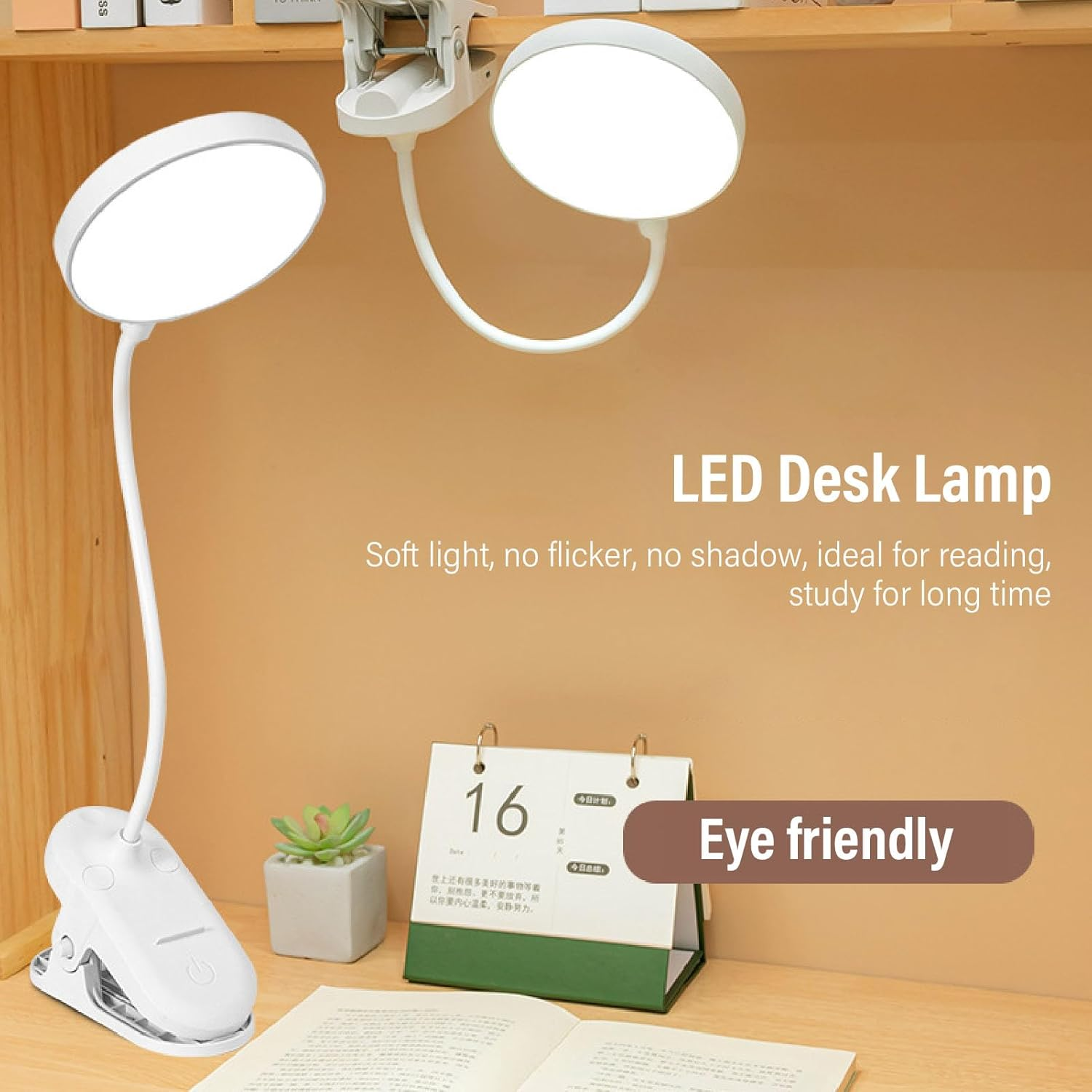 Desk Lamp Clip on Light, LED Desk Lamp with Clamp, Clip on Light Reading Light, Rechargeable and Battery Powered Reading Light, Cordless Book Lamp, Dimming Brightness image number 6