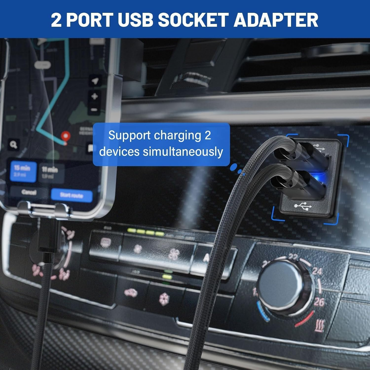 Anina Dual USB Car Charge Port for Toyota, Square Power Socket Adapter with Blue Light, USB Dashboard Mount Module, Vehicle USB Plug for 2009-2019 Toyota Corolla RAV4 Camry Highlander Prado image number 6