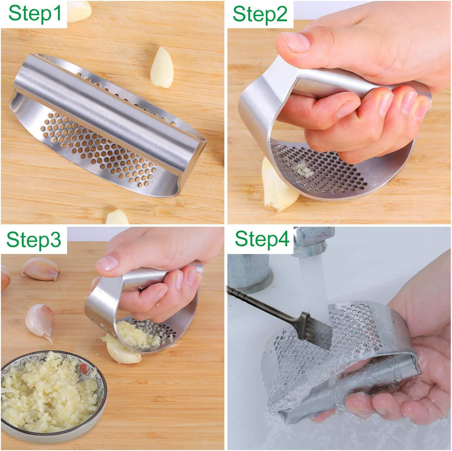 Garlic Press Rocker, Stainless Steel Garlic Crusher Garlic Mincer Presses and Ginger Press Squeezer with Silicone Tube Garlic Peeler Clean Brush,Dishwasher Safe Sturdy Kitchen Gadget Tools,Easy to Use image number 6