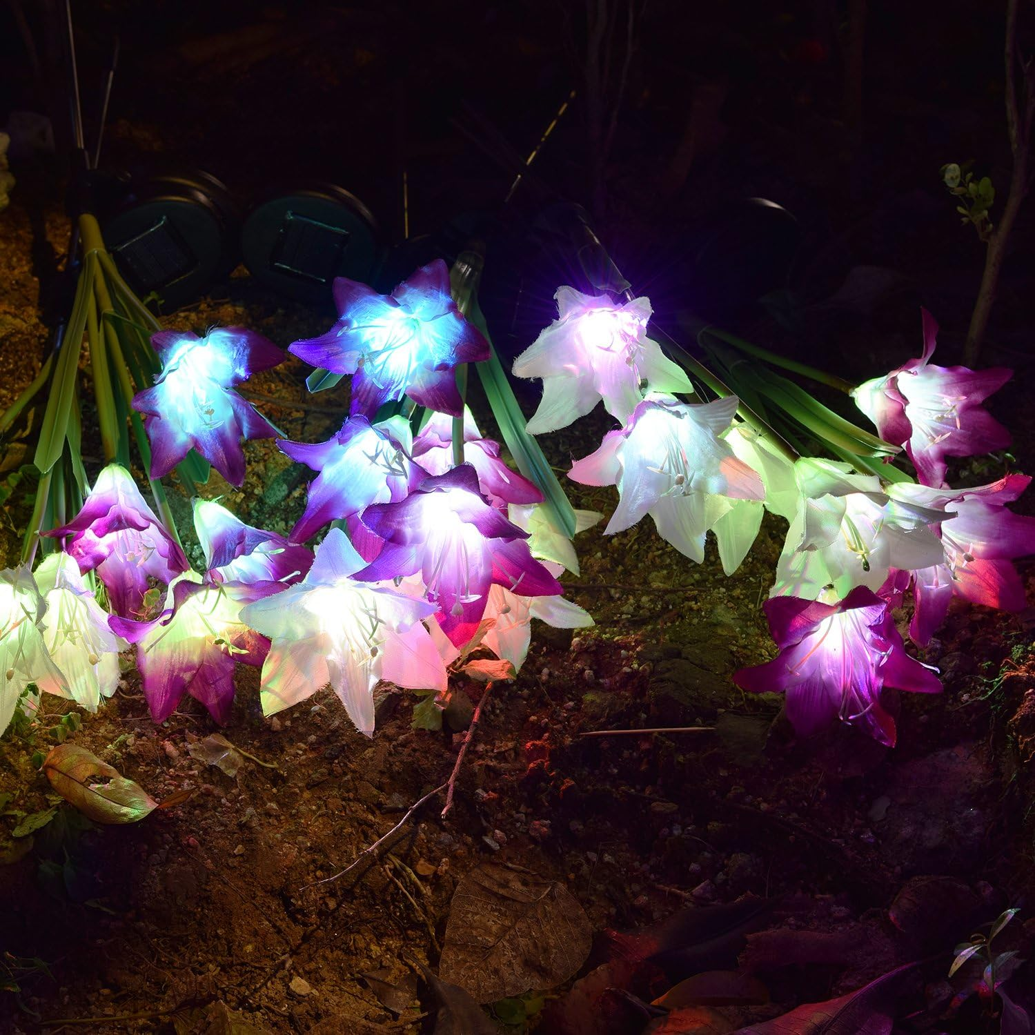 Outdoor Solar Garden Stake Lights - 2 Pack Solar Powered Lights with 8 Lily Flower Multi-Color Changing LED Solar Decorative Lights for Garden Patio Backyard (Purple and White) image number 2