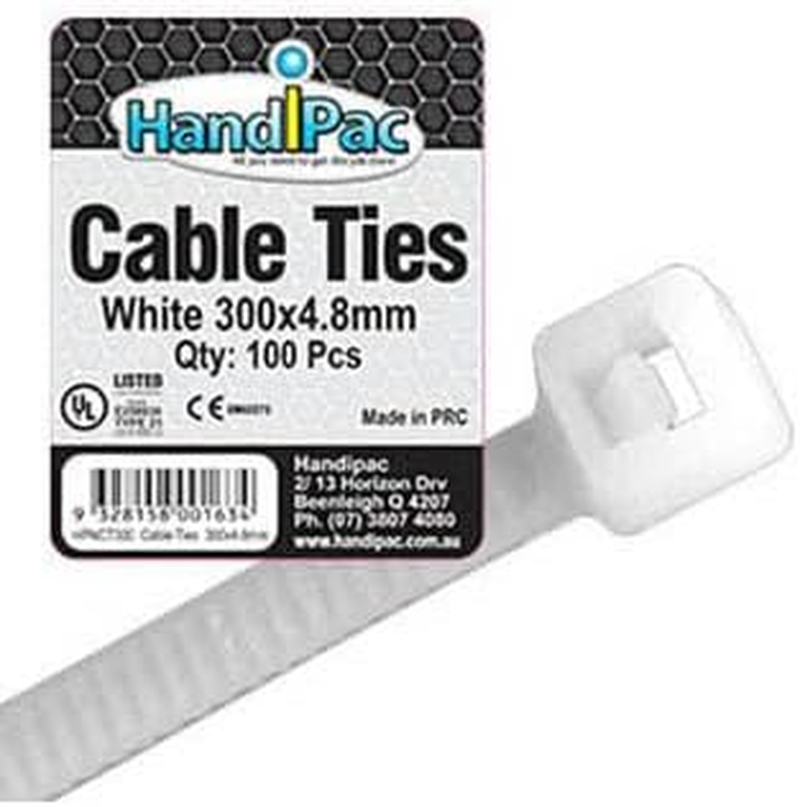 Handipac Natural Polyamide 6.6 Neutral Cable Ties, 300 X 4.8 Mm, White (100 Pieces)