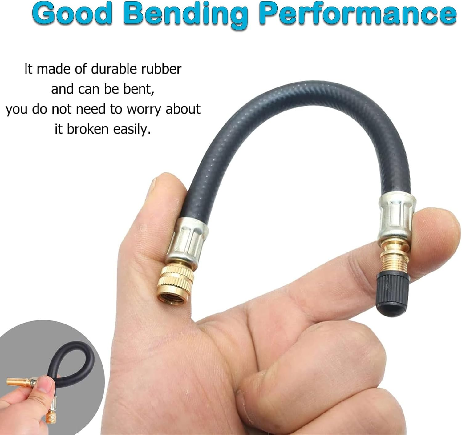 YUENTOEN 2Pcs Tire Valve Extension, Flexible Rubber 160MM Tire Valve Extender Inflatable Hose with 2Pcs 90 Degree Brass Tire Valve Stem Extension Adaptor for Cars Truck Motorcycle Bike image number 6