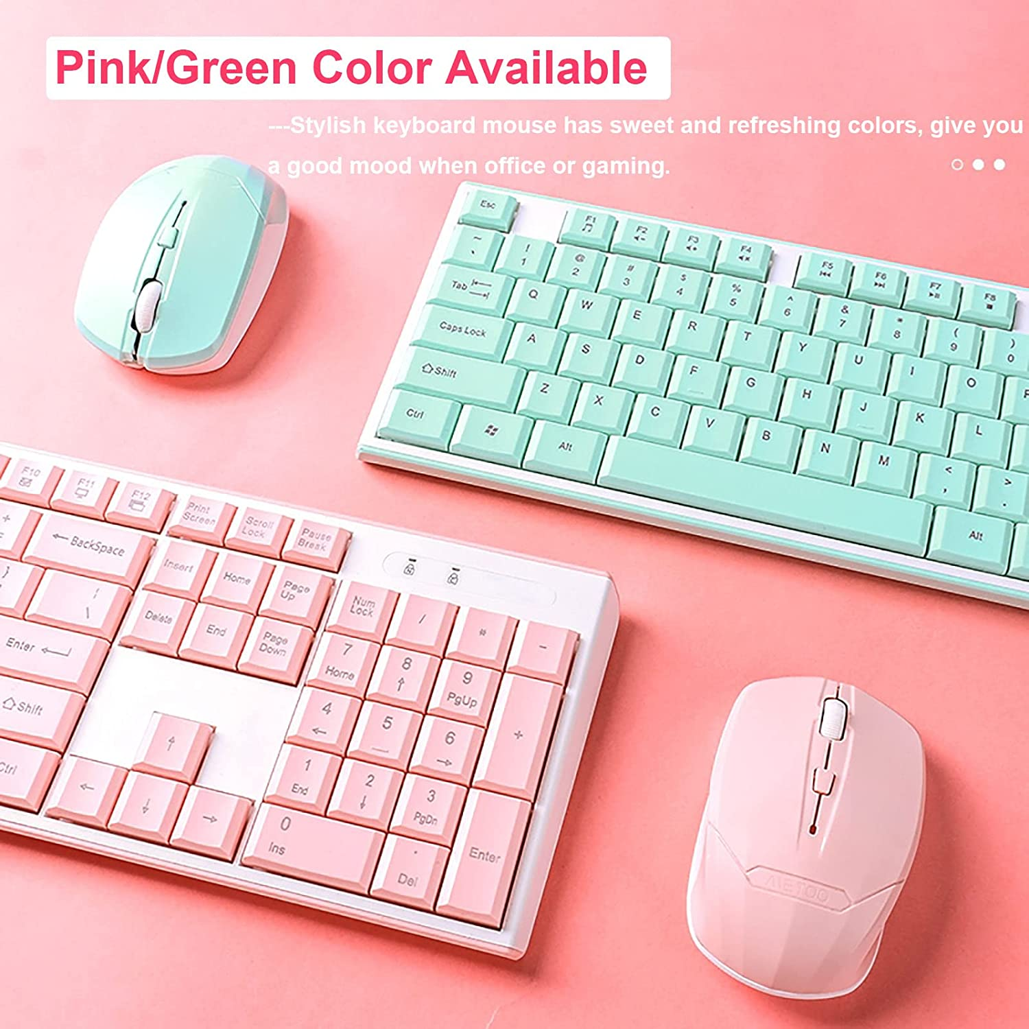 Wireless Keyboard Mouse Combo, Full Sized 2.4G Cordless Keyboard with Silent Chocolate Keys Multimedia, Ultra-Thin Cute Keyboard and 1600Dpi Mouse Set for Computer PC Laptop (Pink) - Green image number 2