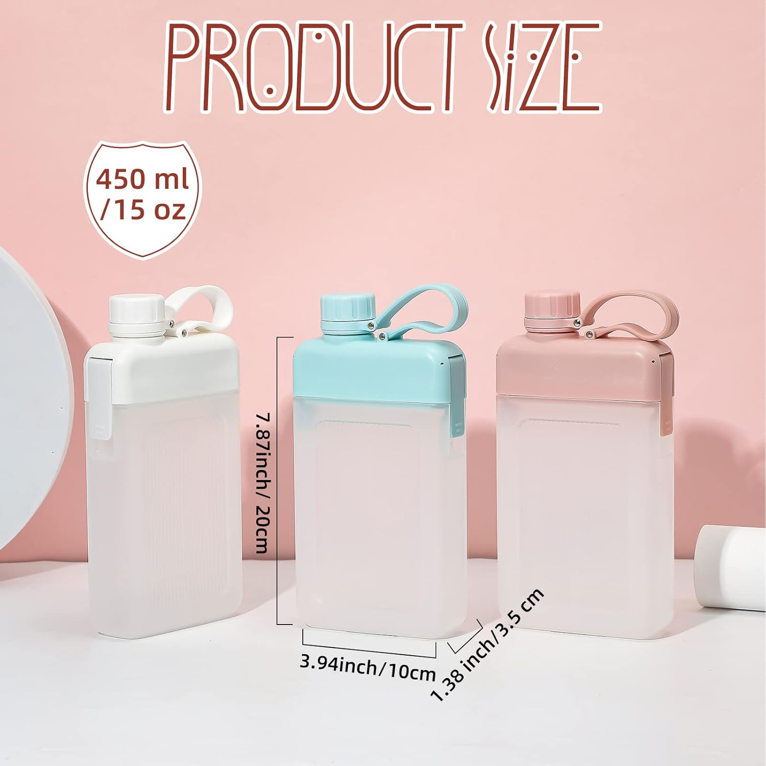 Amyhill 3 Pcs Flat Water Bottle 15Oz A5 Travel Bottles Leak Proof Slim Square Memo Flask Plastic Portable Travel Mug for Outdoor Sports Fitness Camping Hiking Cycling(White, Pink, Green)