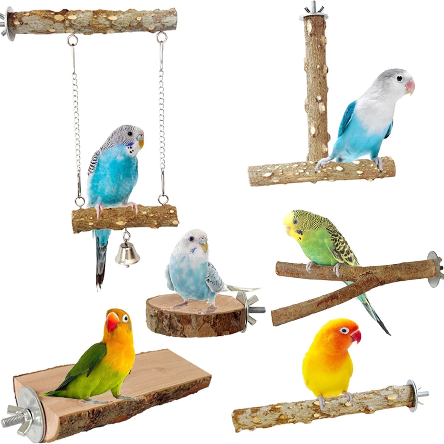 Wooden Bird Perch for Cage 6 Pcs, Natural Wood Parrot Perch Stand Branch Platform Swing Toy for Budgies Parakeet Lovebirds image number 5