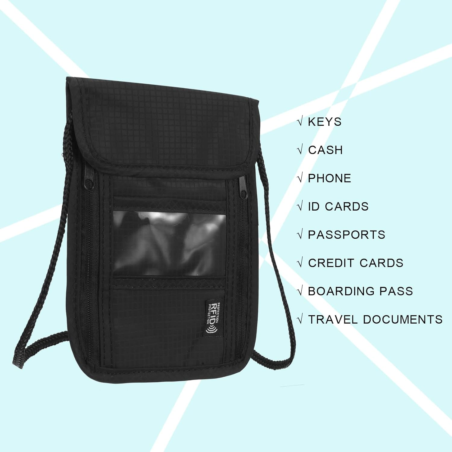 Uxcell Neck Wallet Travel Pouch, Passport Holder RFID Blocking Waterproof Neck Pouch with Adjustable Strap for Women & Men, Black image number 3