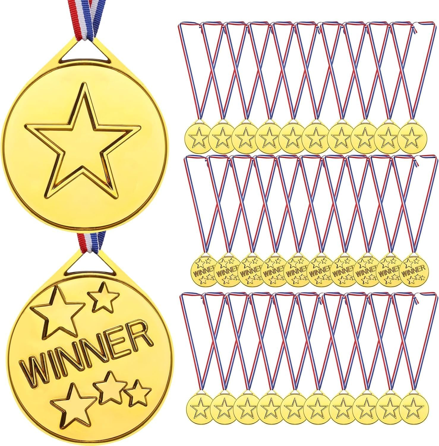Hysgscwd 30Pcs Gold Plastic Winner Award Medals, Plastic Medal with Neck Ribbons for Student Rewards, Winner Participation Medals for Party Decoration, Games Competition, Sports, Activity, Talent Show image number 1