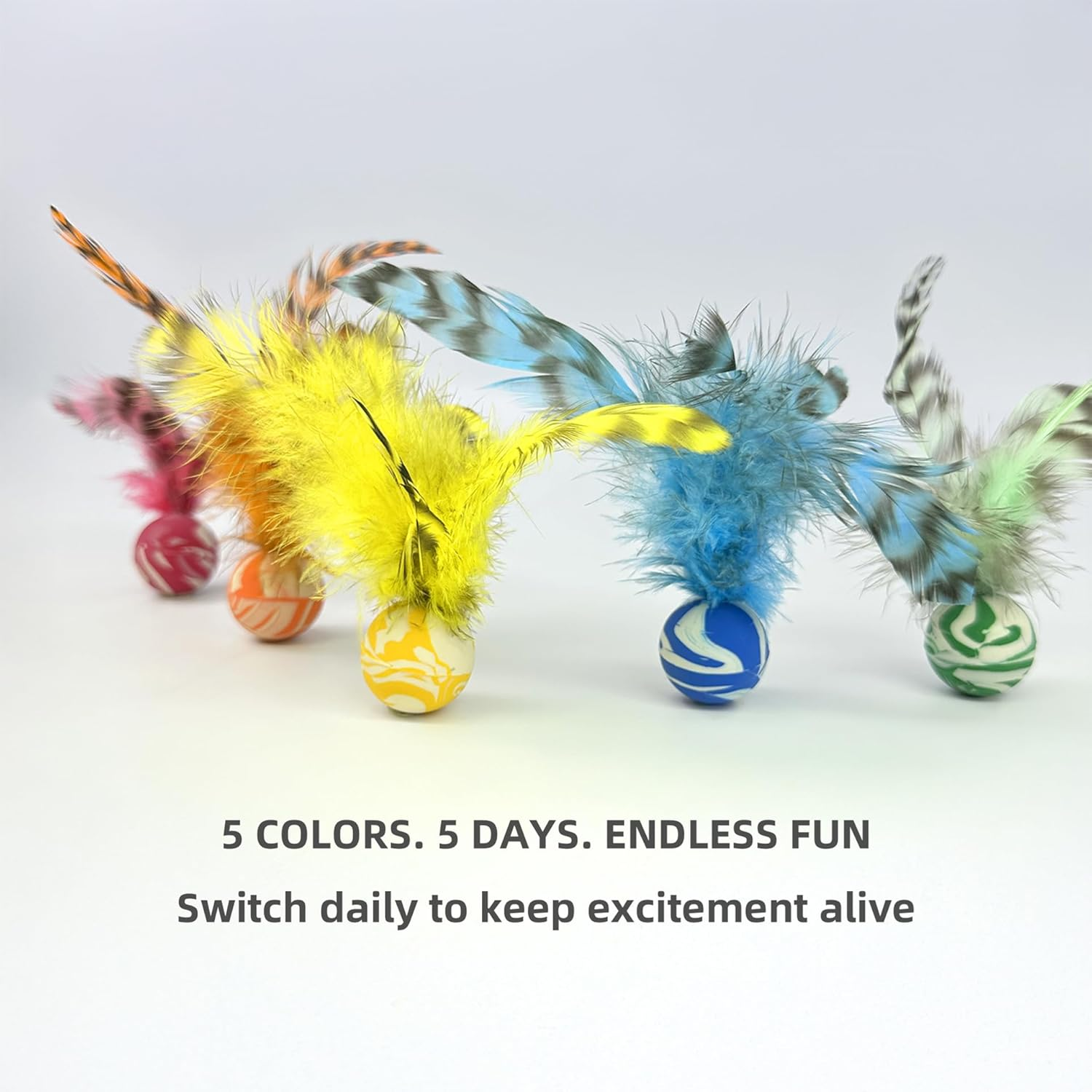 ZAYLUMO Cat Feather Bounce Balls - 5 Pack Interactive Cat Toys with Natural Feathers, Rubber Bouncing Balls for Indoor Cats, Fun Exercise & Hunting Instinct Stimulation, Assorted Colors image number 6