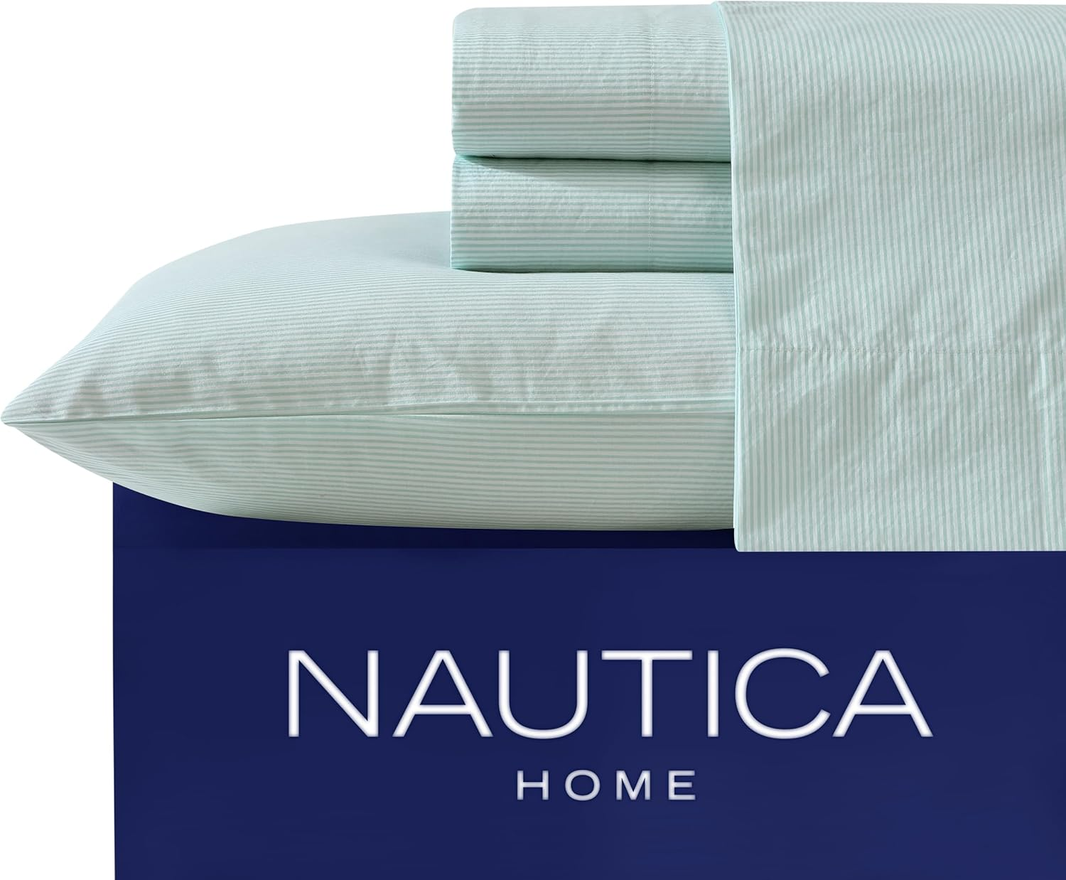 Nautica - Queen Sheet Set, Cotton Percale Bedding Set, Crisp & Cool, Lightweight & Breathable (Penny Pinstripe White, Queen) image number 3