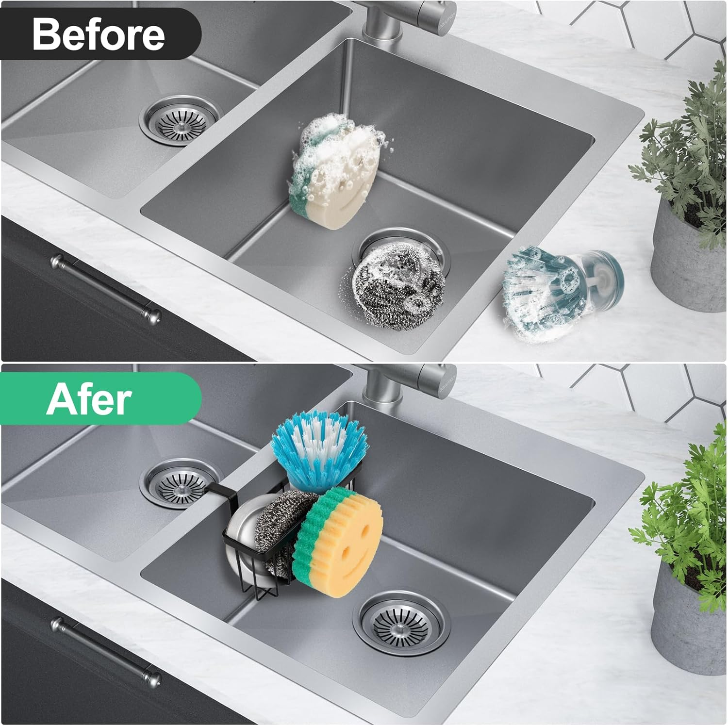 Kitchen Sponge Holder, Sink Caddy for Kitchen Sink Organizer, Smiley Face Sponge Holder for round Sponge, Dish Brush