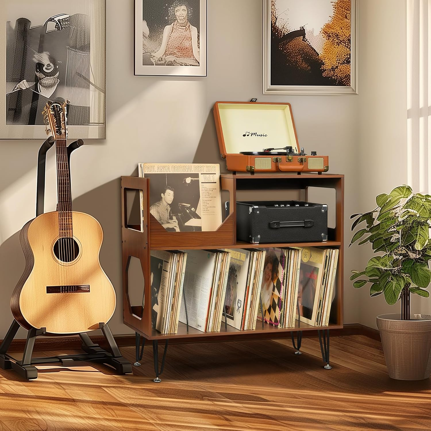 Large Record Player Stand, Vinyl Record with Storage, 2 Tier Record Player Cabinet for up to 370 Albums Turntable Stand with Vinyl Display Area and Metal Legs for Music Room Living Room - Walnut Brown