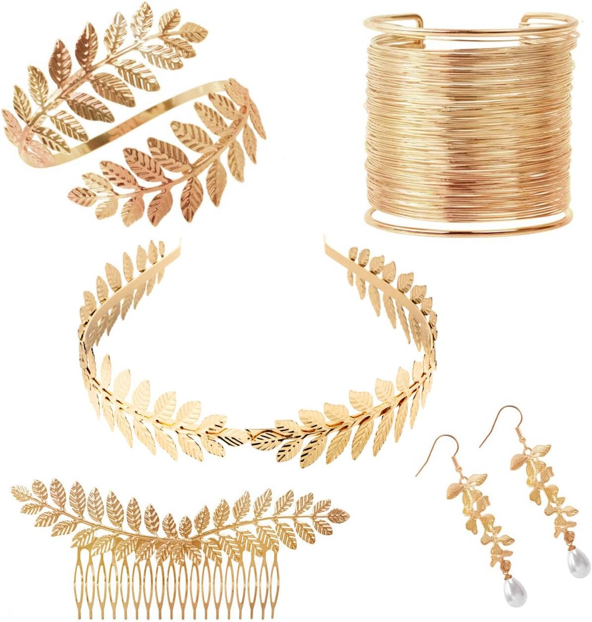 Laurel Wreath Headband Headdress Gold Set, Greek Goddess Golden Jewellery Costume Accessories Women, Golden Crown Headband Leaf Spool Upper Bangle Bracelet Earrings Metal Hair Accessories