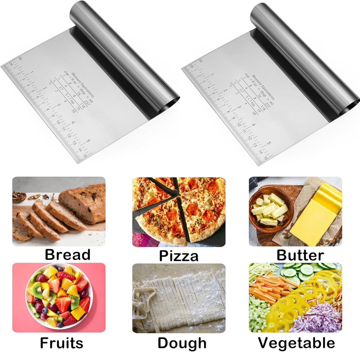 NASHRIO 2 Pcs Multi-Purpose Scraper Stainless Steel Dough Pastry Scraper/Cutter/Chopper with Measuring Scale Set for Baking, Cooking, and Dishwasher Safe (Silver) image number 2