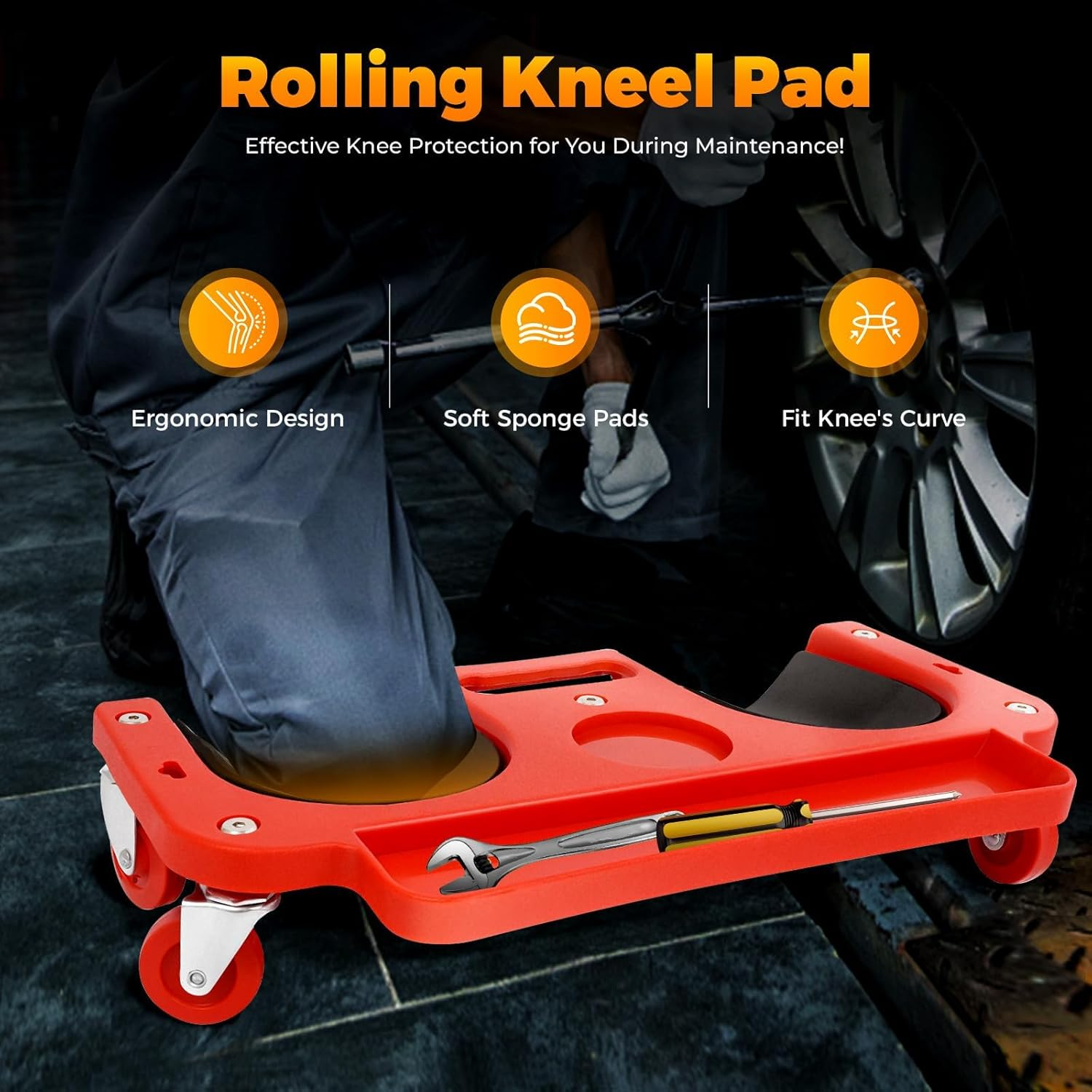 Rolling Knee Creeper, Sponge Cushioned Knee Pads Movable Knee Dolly with Tool Tray for Garage Workshop Auto Repairing Maintaining image number 2