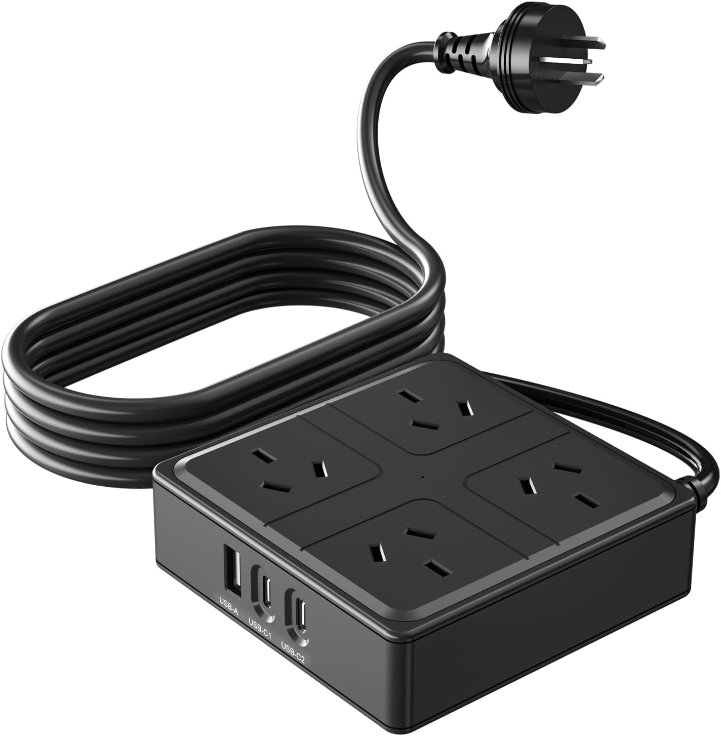 Power Board with USB C, Power Strip with 4 AC Outlets and 3 USB(2 USB C), Surge Protection Power Strip with 1.5M Extension Power Cord for Travel, Office, Dorm Room Essentials (Black)