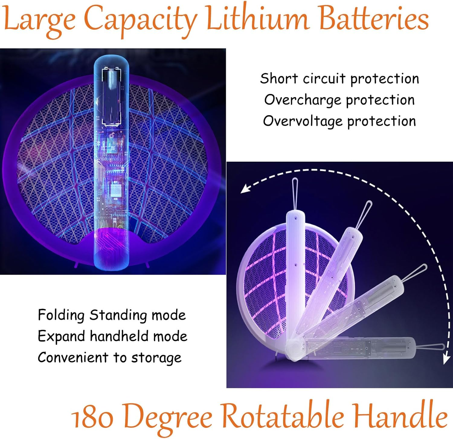 Electric Fly Swatter Racket Type-C Rechargeable Bug Zapper Racket 3 in 1 Foldable Mosquito Zapper with Mosquito Lure Lamp Beads 1200Mah Battery and Brush for Indoor Outdoor SH0062 (Black) image number 6