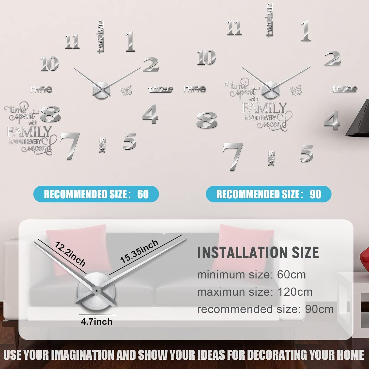 Junkin 3D Large Frameless DIY Wall Clock,Modern Decor Family Quote Wall Stickers Clock Kit for Home Living Room Bedroom Office Wall Decorations Adjustable Size (Silver) - Gold image number 5