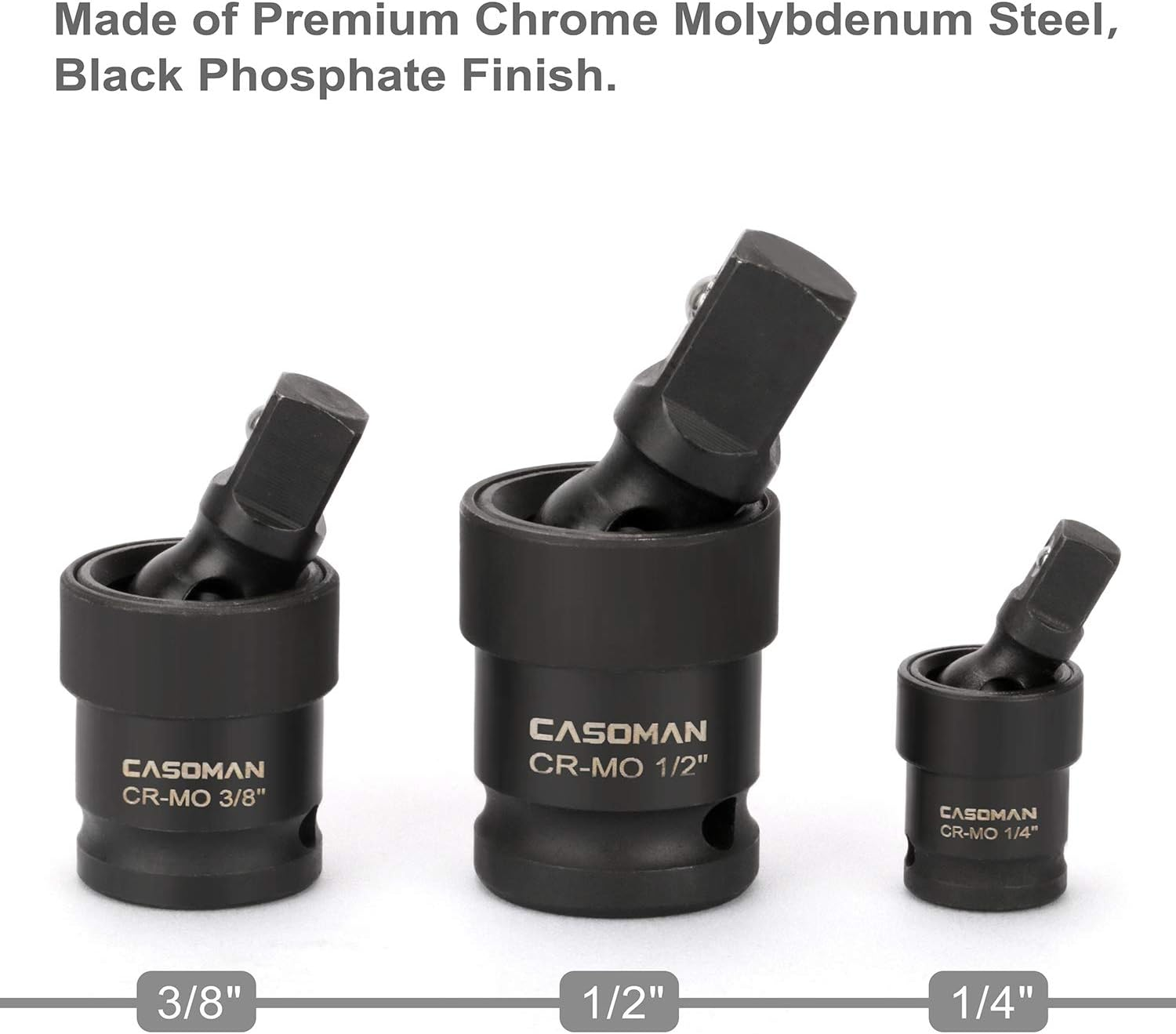 CASOMAN 3-Piece Impact Universal Joint Set - 1/4", 3/8" and 1/2" Drive, CR-MO, Impact Grade, U-Joint Sockets Swivel image number 1
