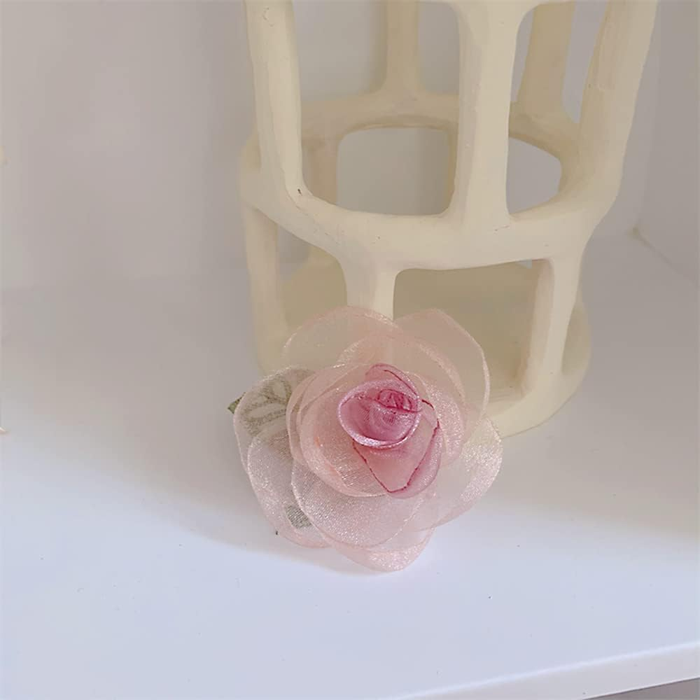 Hair Clips, Pink Flower Barrettes Hair Accessories for Women Girls Kids, Set of 2 Elegant Handmade Organza Camellia Headwear Wedding Styling Tools for Party Wedding Daily