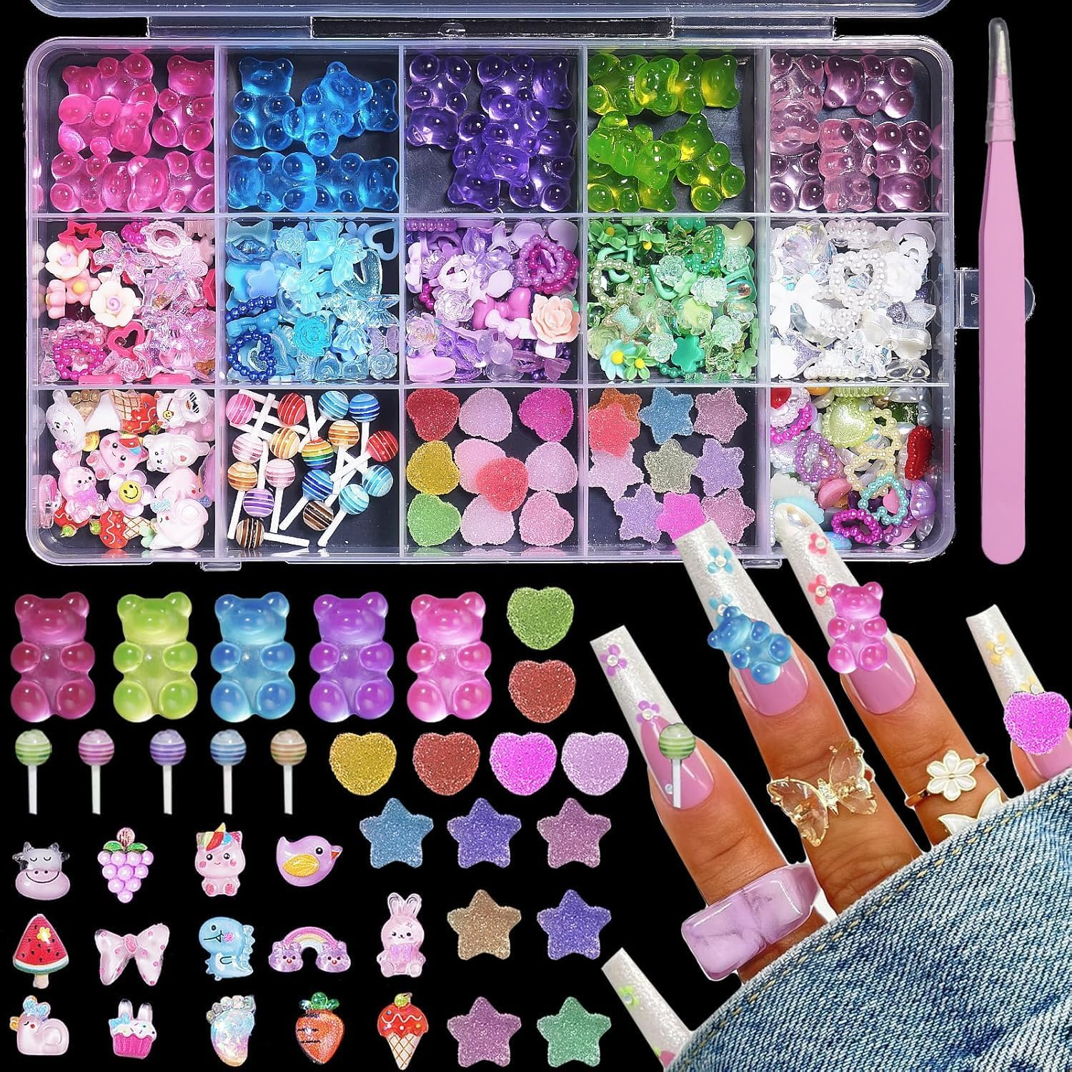 Anoleair 3D Nail Charms Assorted Mix Bear, Heart, Flower, Butterfly, Candy, Lollipop, Bowknots, Pearls - 15 Mixed Color Pieces for Nail Art DIY Accessories image number 2