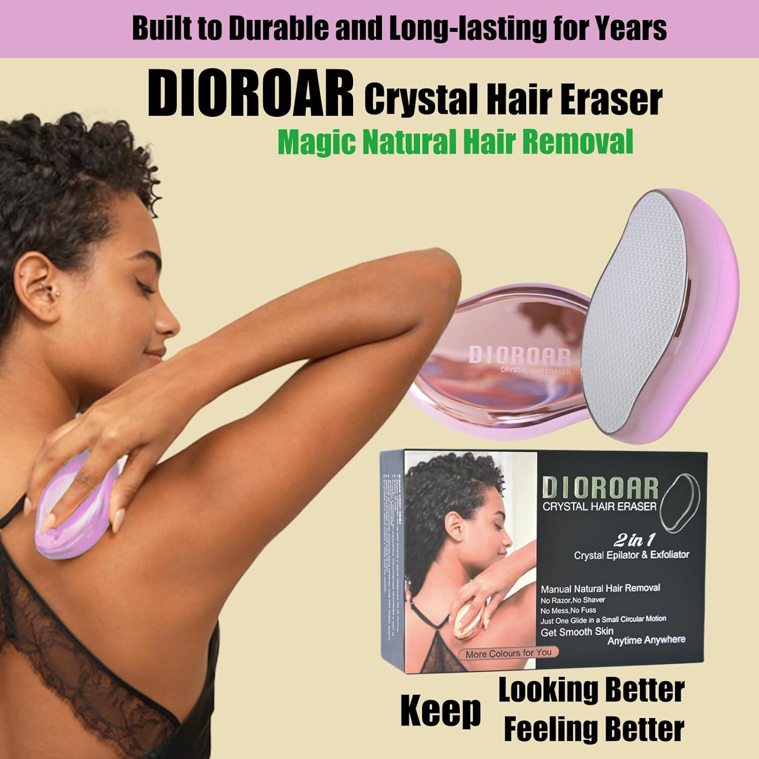 DIOROAR Crystal Hair Eraser,Upgrade Crystal Hair Remover,Physical Nano Glass Hair Removal Device,Painless Epilator and Exfoliator without Shaver for Quick Soft Silky Skin(Light Pink) image number 5