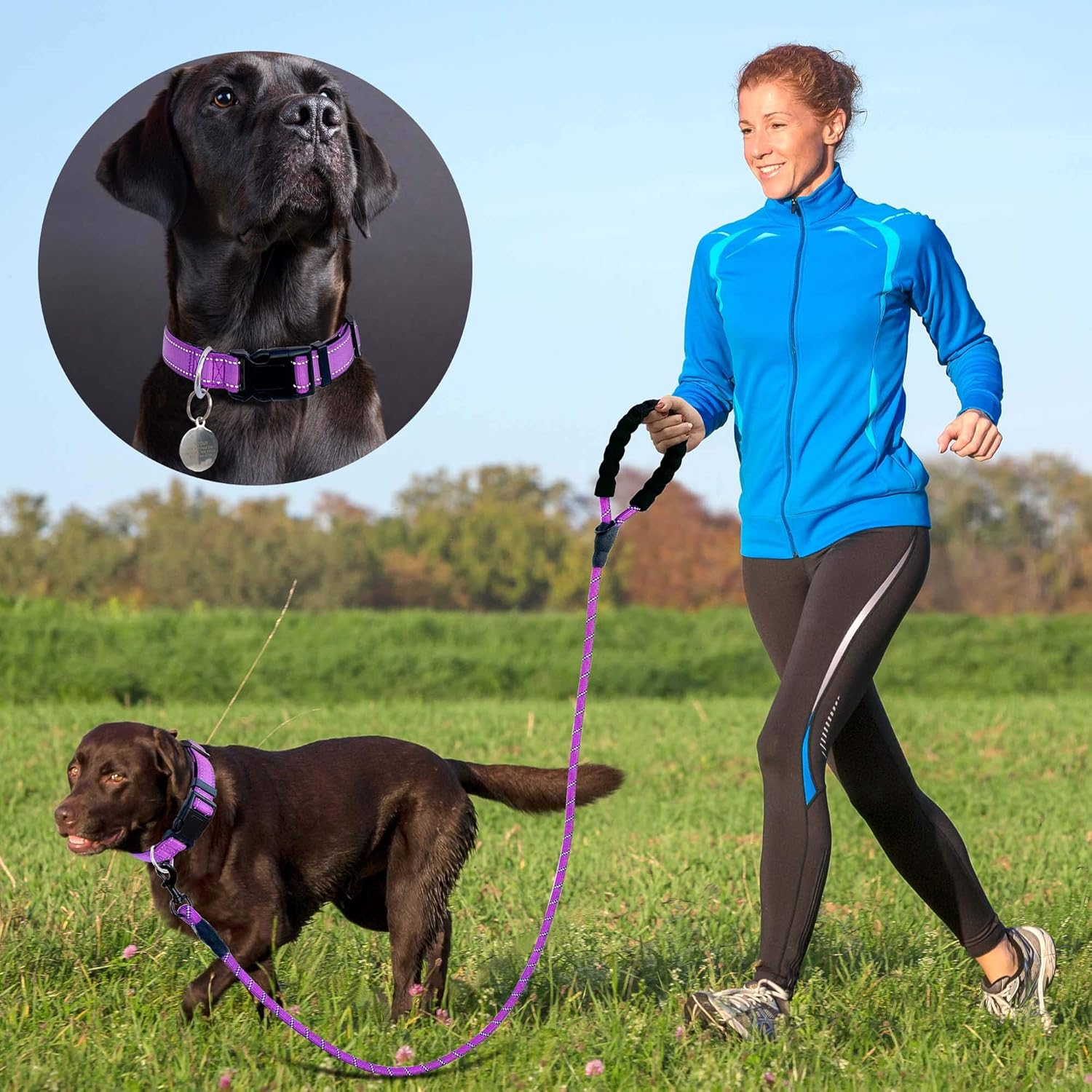 Reflective Dog Collar Padded with Soft Neoprene Breathable Adjustable Nylon Dog Collars for Small Medium Large Dogs (X-Small (Pack of 1), Purple Collar+Leash)