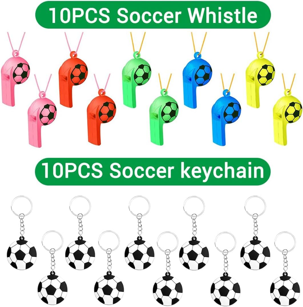 112 PCS Soccer Party Favors Set, Soccer Theme Party Supplies, Soccer Gifts Soccer Handbag Slap Bracelet Whistle Keychains Erasable Tattoos Stickers Gold Medal for Kids Party Favors