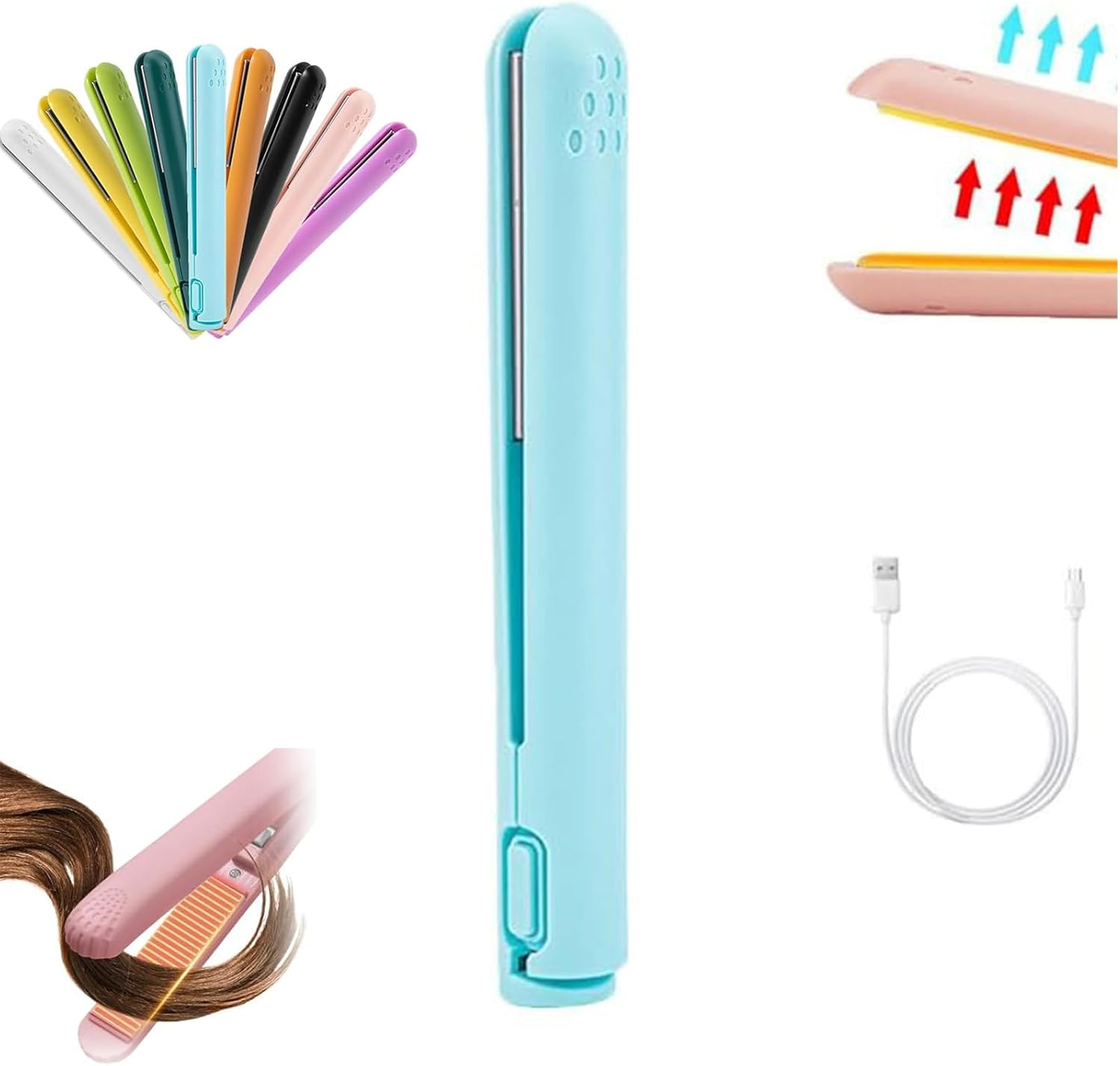 Mini Dual-Purpose Curling Iron, Ceramic Mini Hair Curler, 2-In-1 USB Hair Straightener Curling Iron, Cordless Portable Travel Curling Wand for Women Short Hair (Purple)