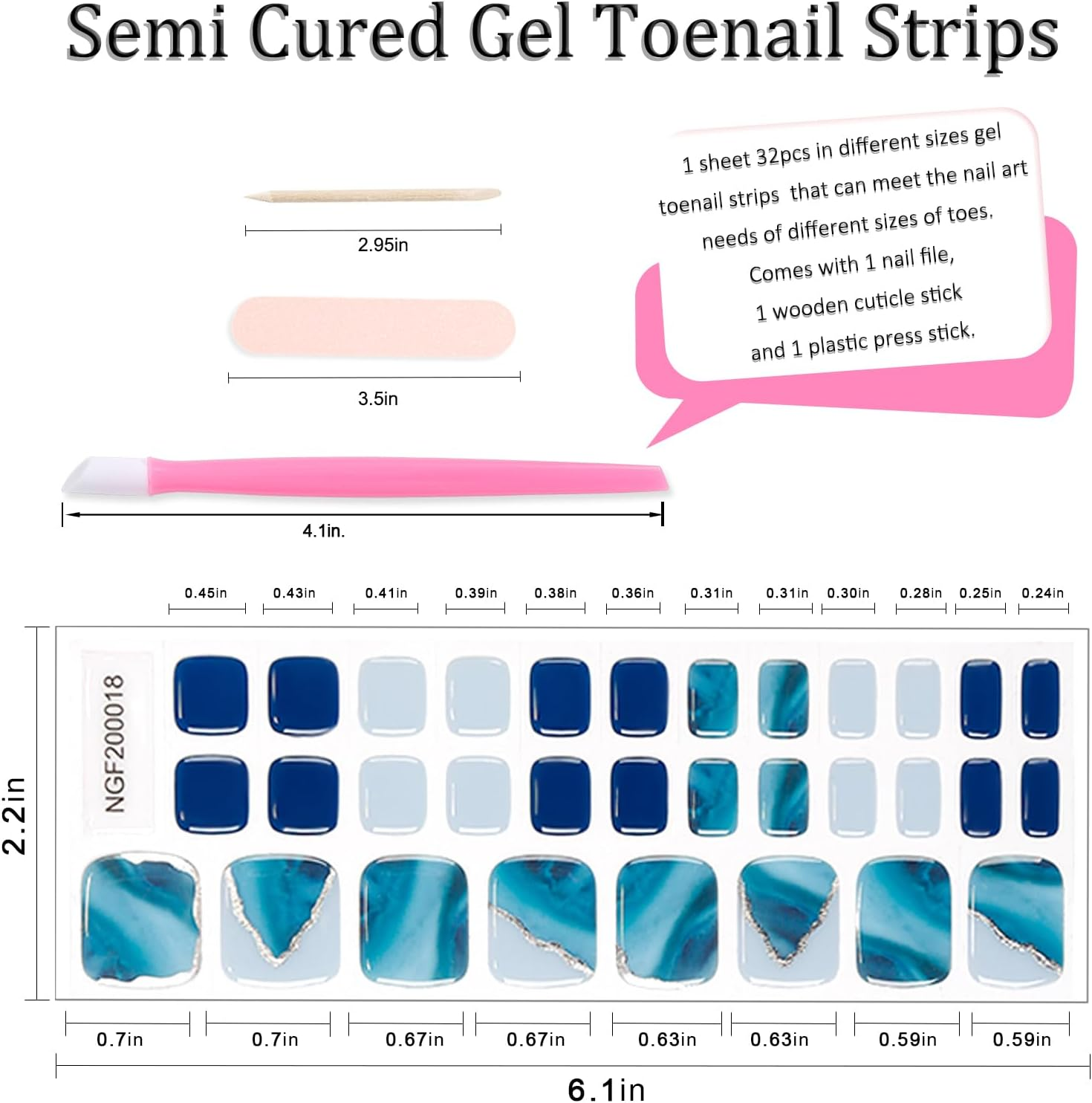 JERCLITY 1 Sheet 32Pcs Sea Wave Semi Cured Gel Toenail Strips, Toenail Wraps, Gel Pedicure Strips, Needed LED Lamp to Cured,1 Nail File,1 Wooden Cuticle Stick, 1 Plastic Press Stick image number 1