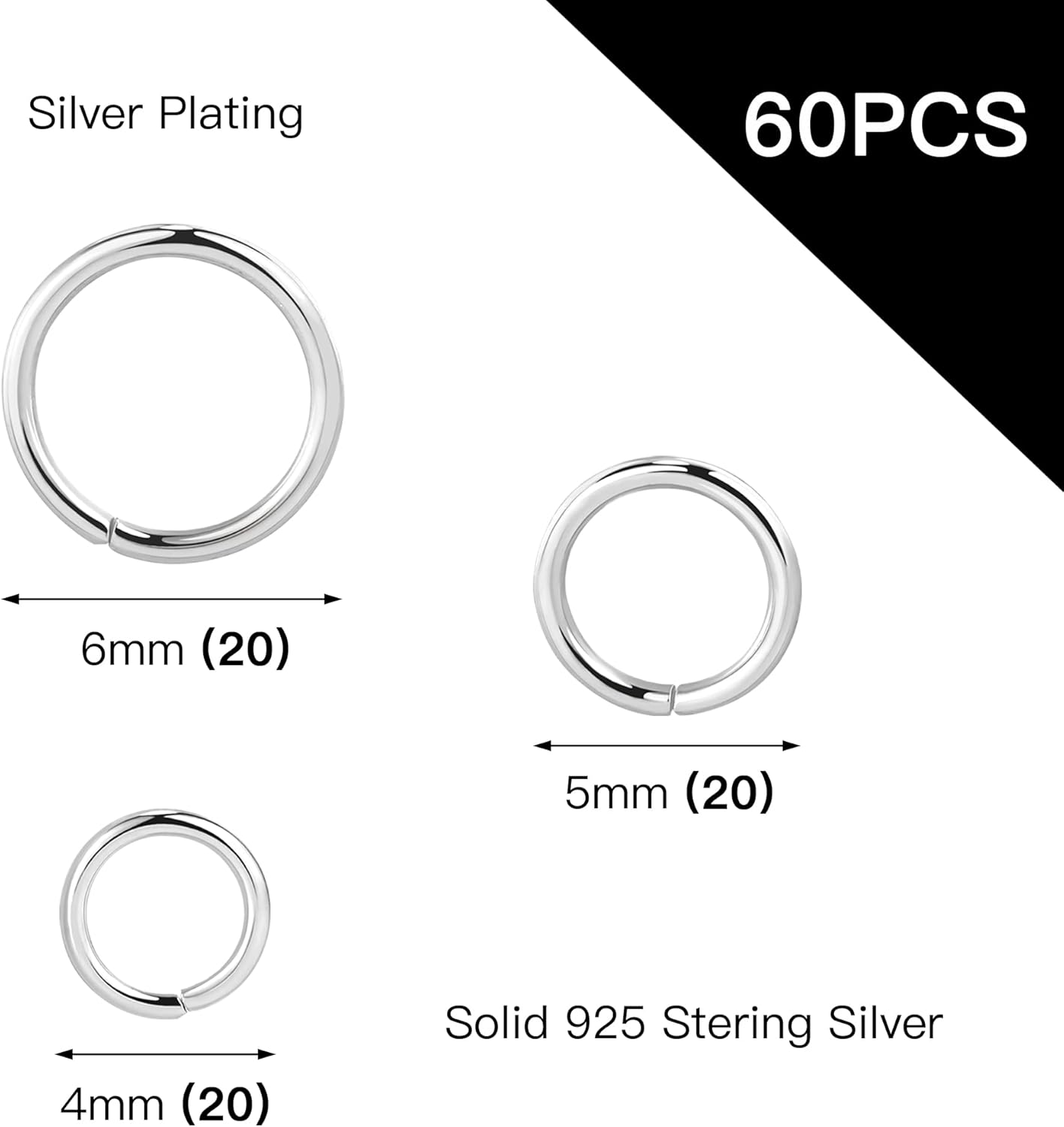 Sterling Silver Jump Rings for Jewelry Making 4Mm 5Mm 6Mm 925 Sterling Silver Open Jump Rings for DIY（60 PCS） image number 2
