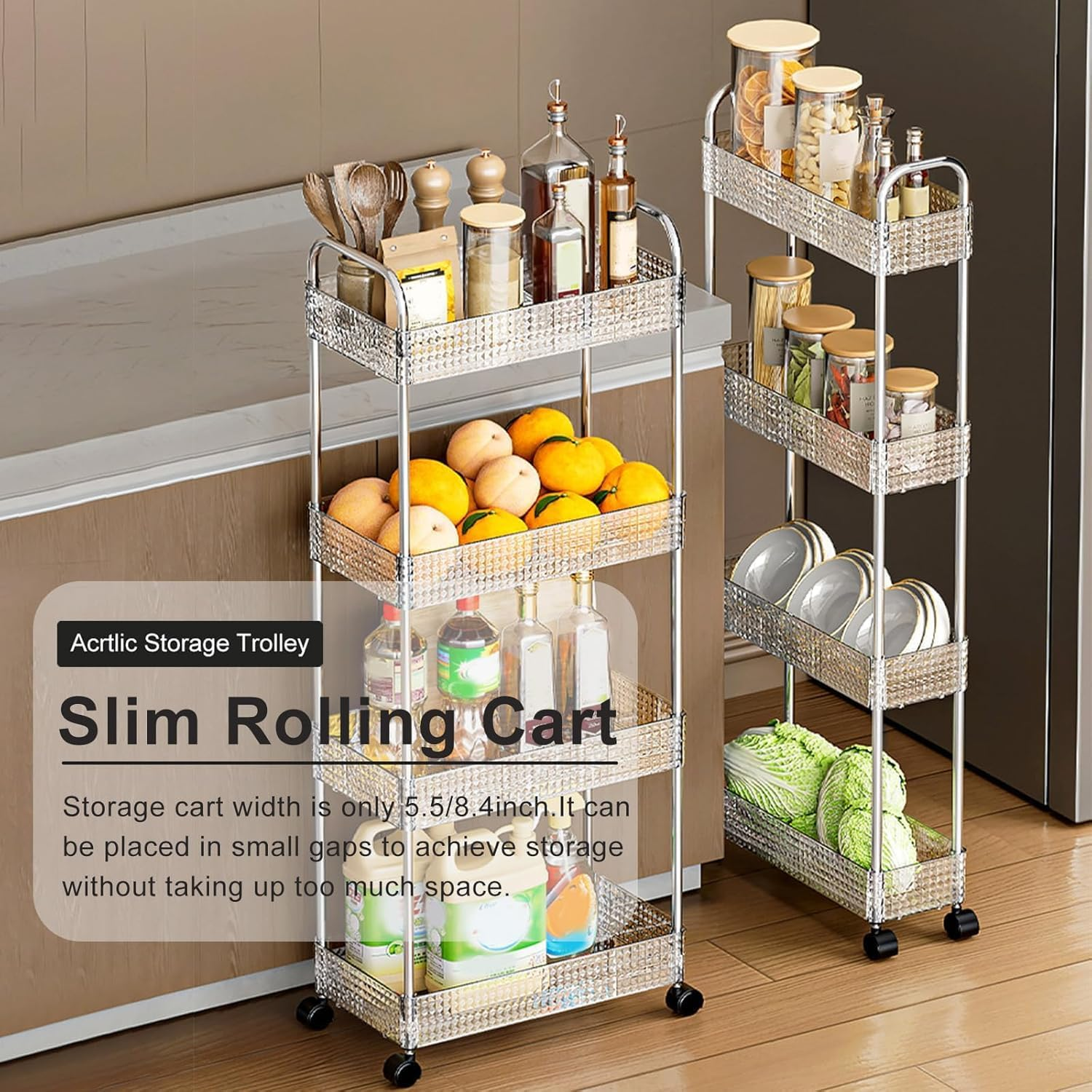 4 Tier Trolley, Metal Utility Cart,Storage Rolling Cart, Clear Bathroom Organizer,Plastic Tiered Shelf with Wheels, Versatile Storage Rack for Bathroom, Kitchen, Space-Saving Design （Clear） image number 3