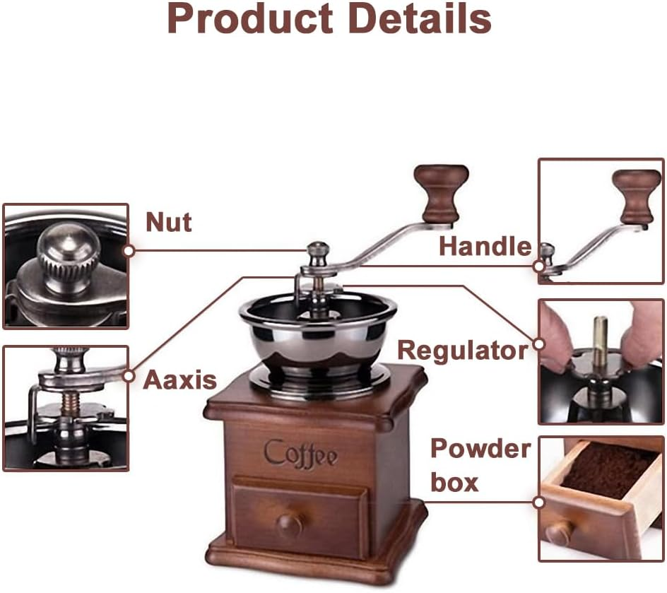 Manual Coffee Grinder &ndash; Vintage Wooden Hand Coffee Mill with Ceramic Burr, Adjustable Grinding Settings, Classic Hand Crank Coffee Bean Grinder for Home, Travel, and Decoration image number 4
